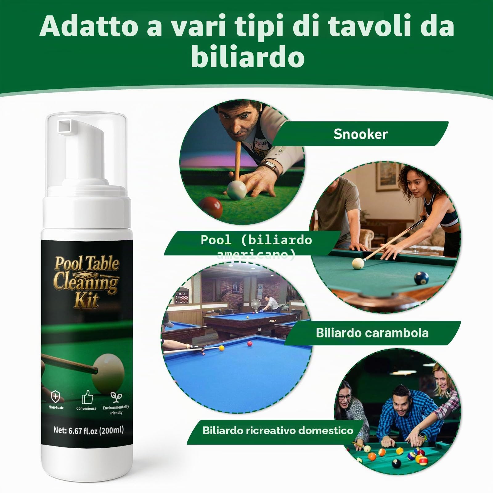 Kit per la pulizia del tavolo da biliardo, potente detergente per eliminare rapidamente gesso e macchie, ripristina la morbidezza del feltro, con spazzola per tavolo da biliardo e guanto antistatico
