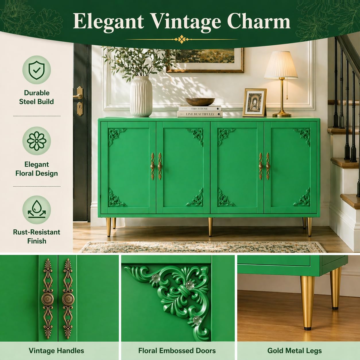 AUN Sage Green Accent Cabinet with Art Deco Carving & Gold Hardware, 58" Wide Sideboard Buffet with Adjustable Shelves, 200lb Capacity Storage Cabinet for Living Room,Kitchen,Coffee Bar