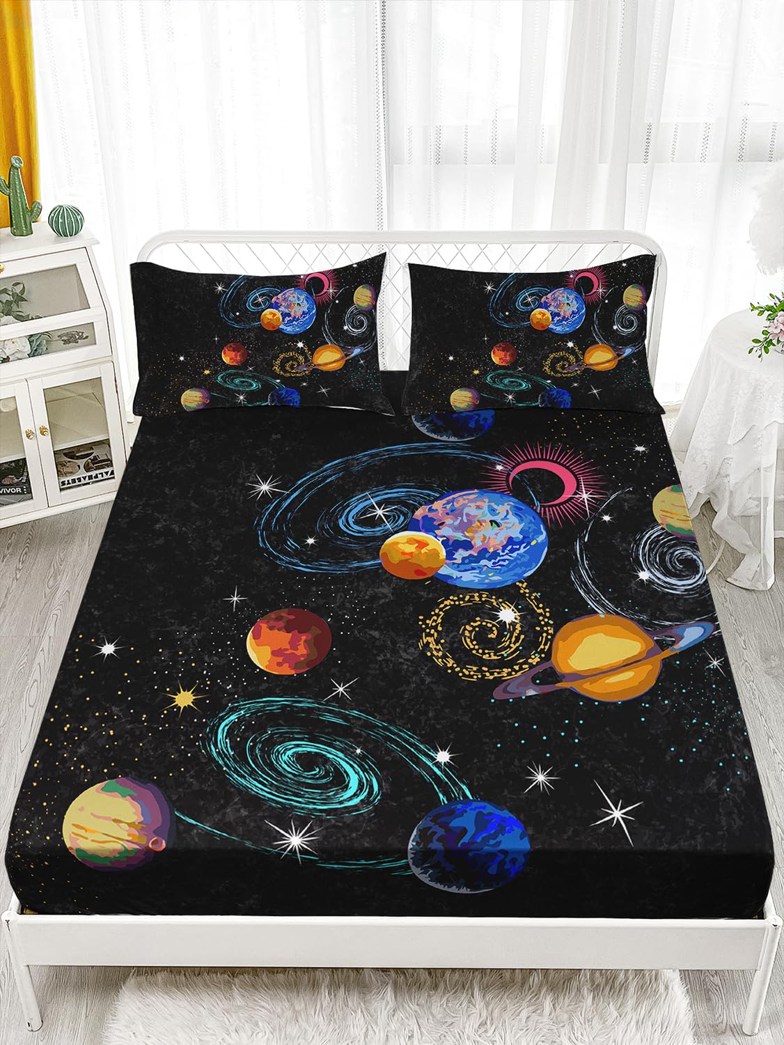 AILONEN Outer Space Twin XL Size Fitted Sheet 3 Pieces Set, Galaxy Starry Sheet for Kids Boys - Eight Planet Theme Soft Breathable Bed Sheet, 1 Fitted Sheet and 2 Pillowcases