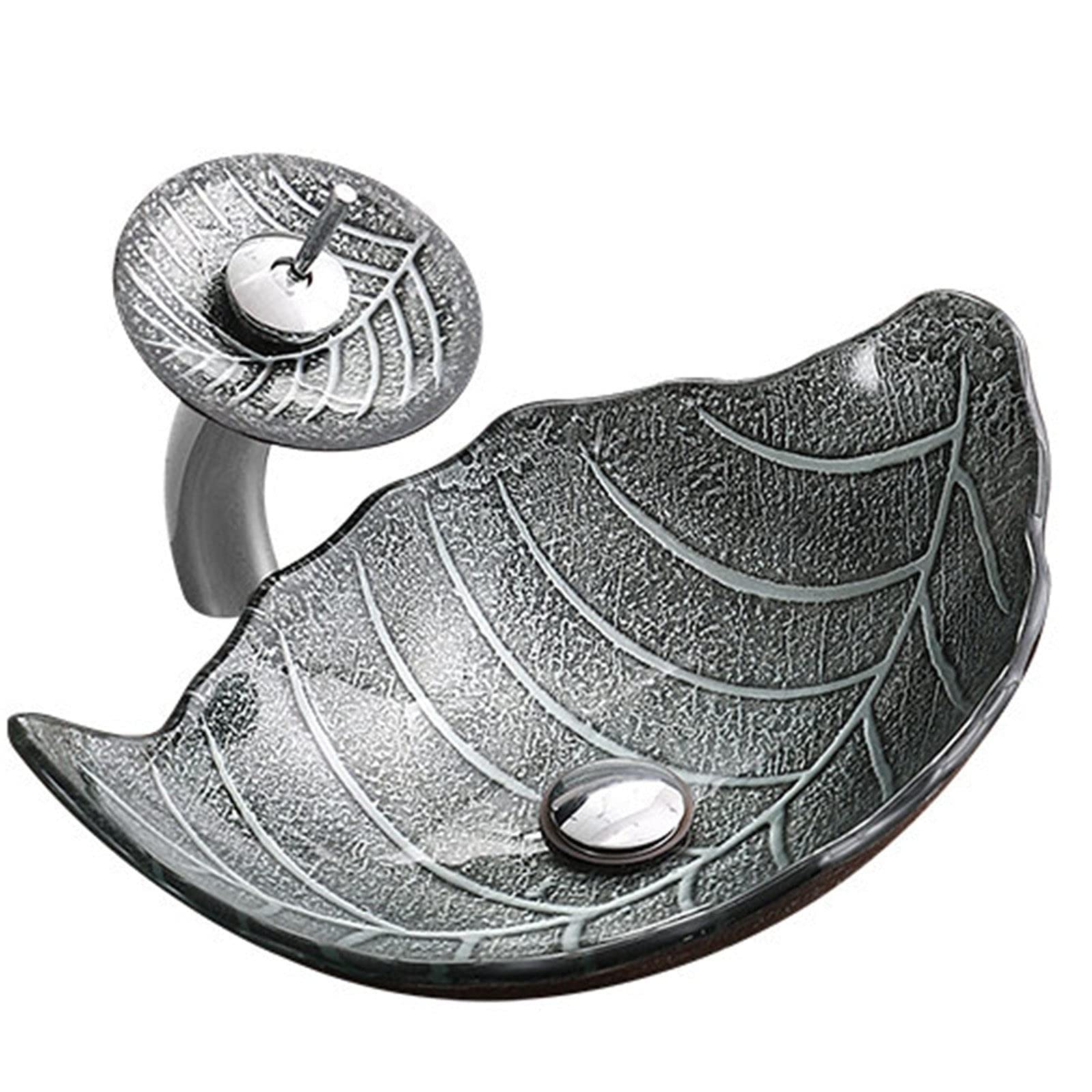 Sjdopulse C Tempered Glass Sink, Leaf Shaped Bathroom Sink For Bathroom Remodel, Ountertop Basin With Waterfall Faucet And Pop-Up Sink Drain (C)