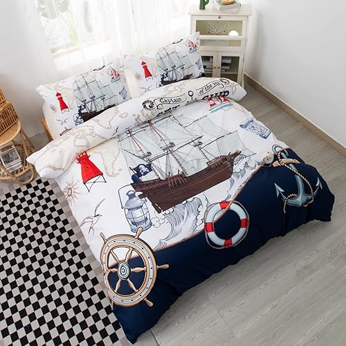 Miniatura 4 de CVHOUSE Juego de ropa de cama náutica tamaño matrimonial, juego de cama de barco náutico para niños y adolescentes, juego de funda de edredón con