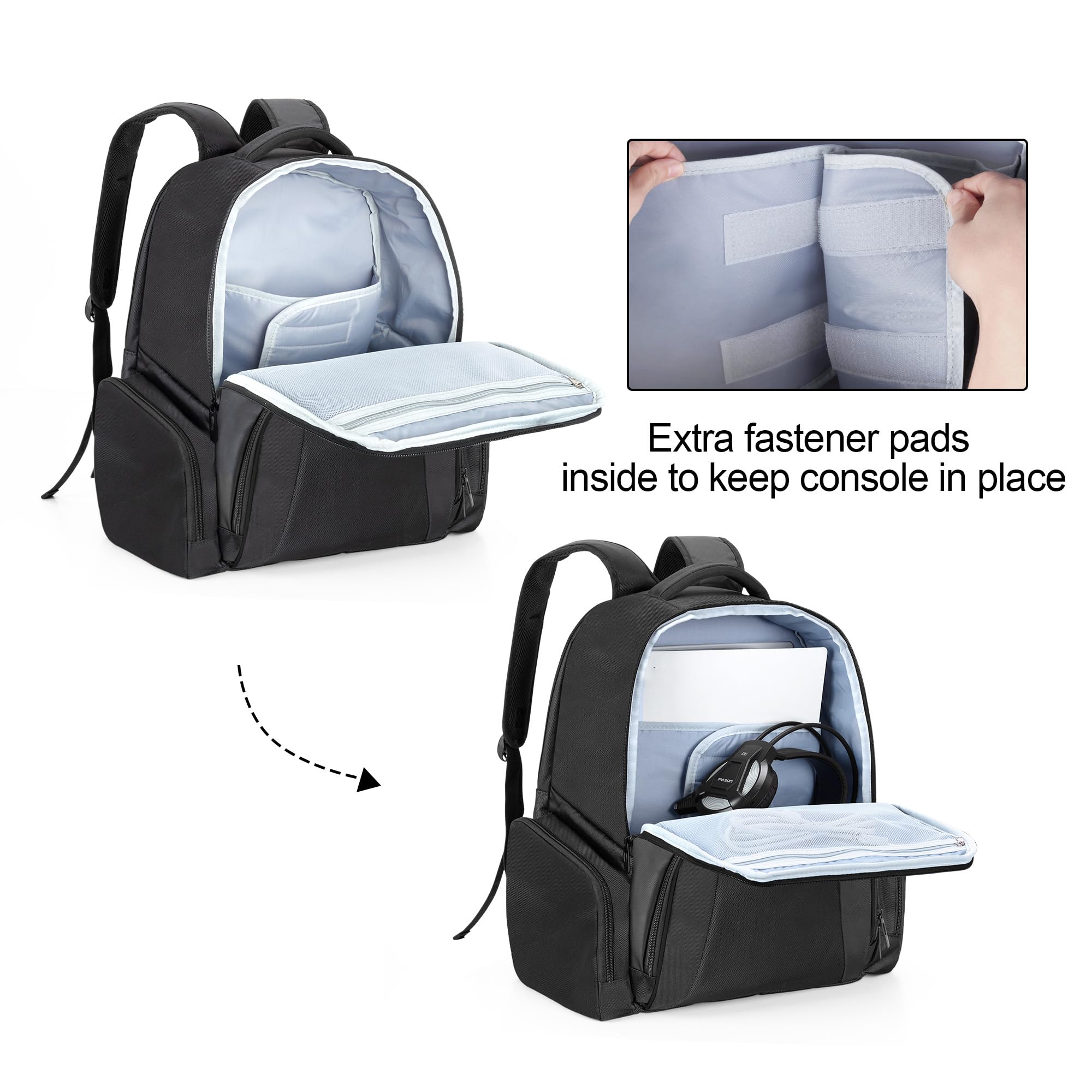 CURMIO Sac à Dos de Rangement Compatible avec Xbox Series S, Xbox One, Xbox 360, PS5, PS4 et PS4 Pro, Étui de Voyage pour Console, Manettes et Accessoires,Brevet en Instance, Noir (Sac Vide)
