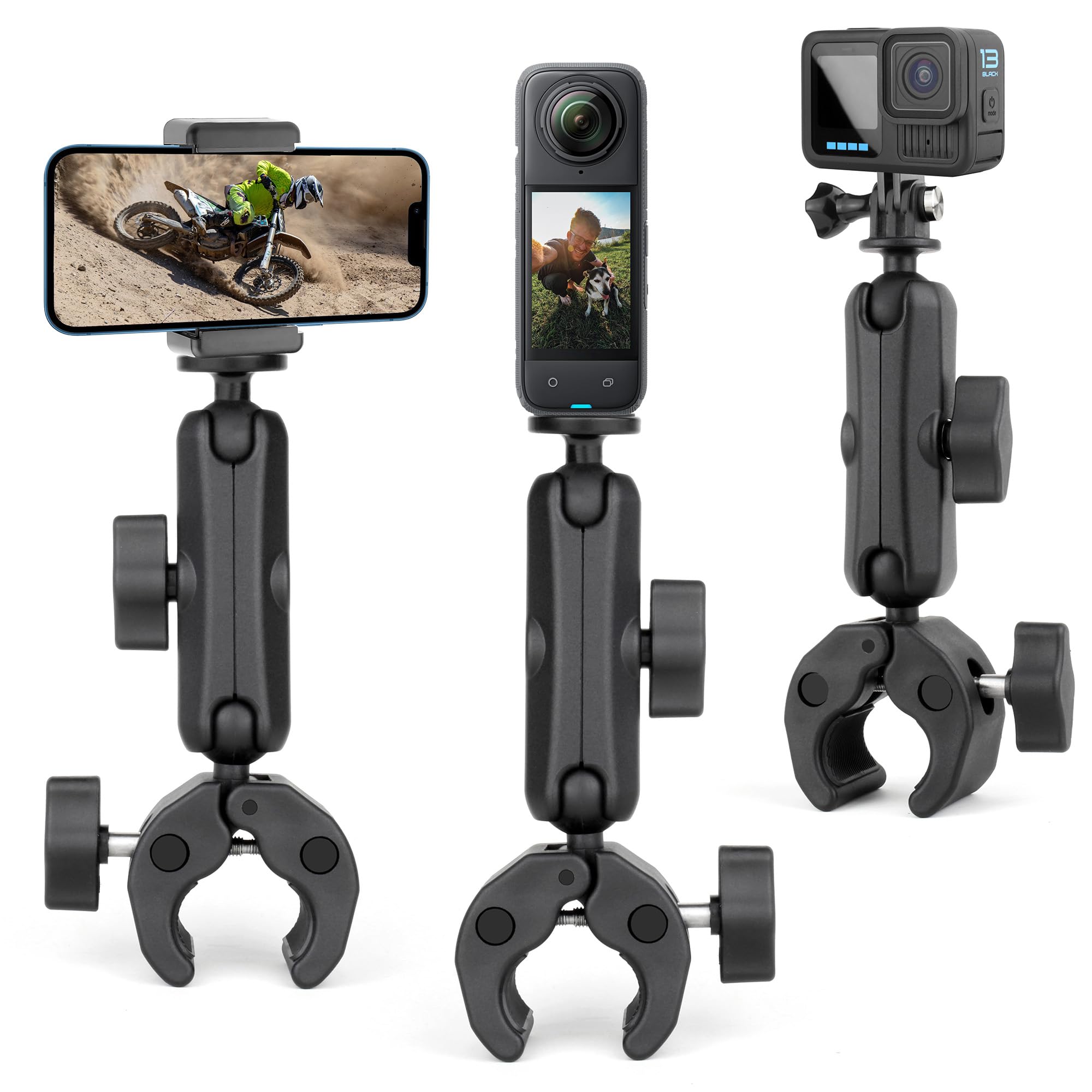 SOONSUN Super Clamp Mount with Dual 360° Ball Heads & Phone Holder, Heavy-Duty Camera Clamp Mount for GoPro Hero 13 12 11 10 9, Insta360, DJI Osmo,