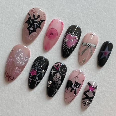 Halloween Press on Nails Medium Black Skull Goth Fake Nails with Black Bat Pink Graffiti French Nails Charms Press ons Cute Design False Nails Halloween Nail Art Tips Stick on Nails for Woman 24Pcs