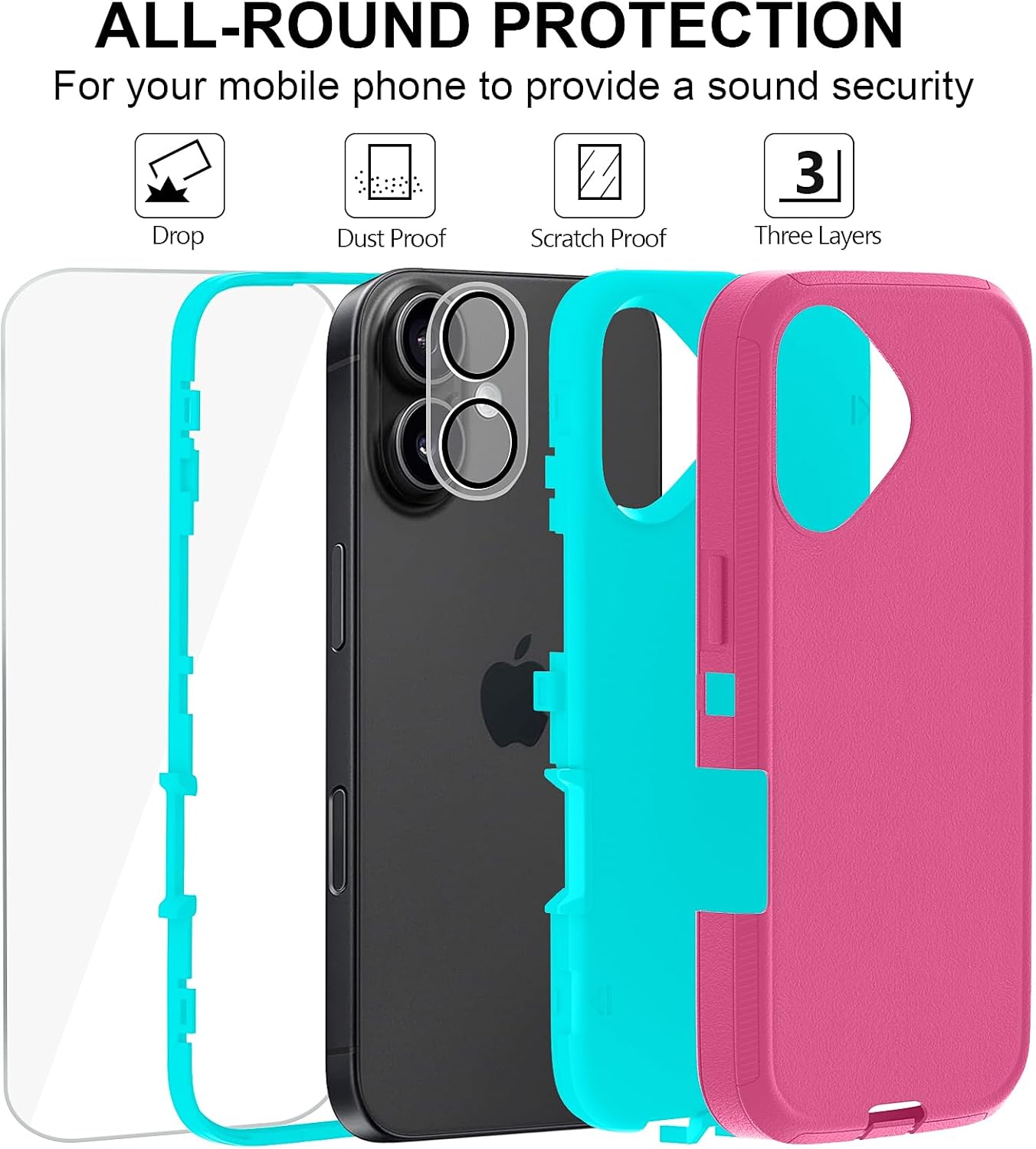 Case for iPhone 16 Case 6.1" with 2 Screen Protector + 2 Camera Lens Protector, Full Body Heavy Duty Military Grade Cover, Shockproof/Drop Proof Protection Phone Case (Pink Blue) - Image 3