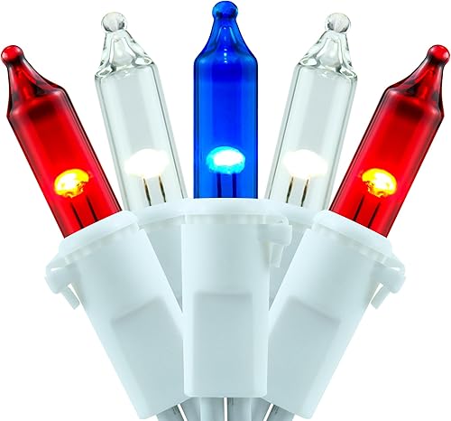 Tira de luces rojas blancas y azules con cable blanco, 66 pies, 200 luces de Navidad con certificación UL, paquete de 2 juegos de 33 pies y 100 mini Tira de luces rojas blancas y azules con cable blanco, 66 pies, 200 luces de Navidad con certificación UL, paquete de 2 juegos de 33 pies y 100 mini