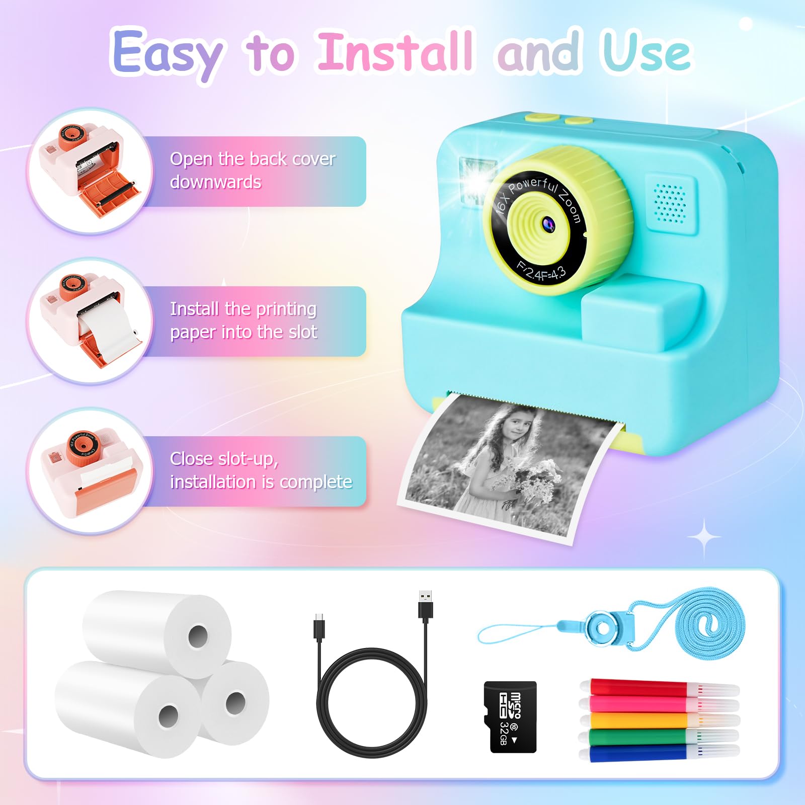 Fotocamera Istantanea Per Bambini Con Carta Termica E Scheda TF 32 GB – Schermo 2,4” E Penne Colorate, Regalo 3-14 Anni (Blu)