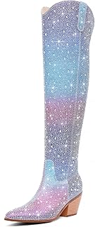 Women Rhinestone Over the Knee Cowboy Boots, Sparkly Bling Cowgirl Boots Western Thigh High Boots Pull-On Side Zippers Chunky Heel Pointed Toe Size5-12 For Fashion&Daily