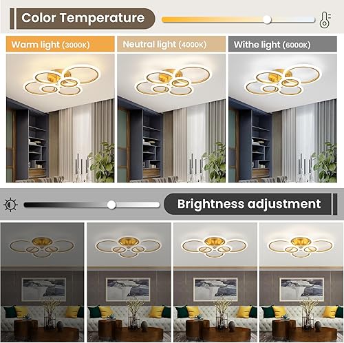 Miniatura 3 de Lámpara de techo moderna dorada de montaje empotrado, 6 anillos regulables, lámpara de techo moderna con control remoto, lámpara de techo para sala