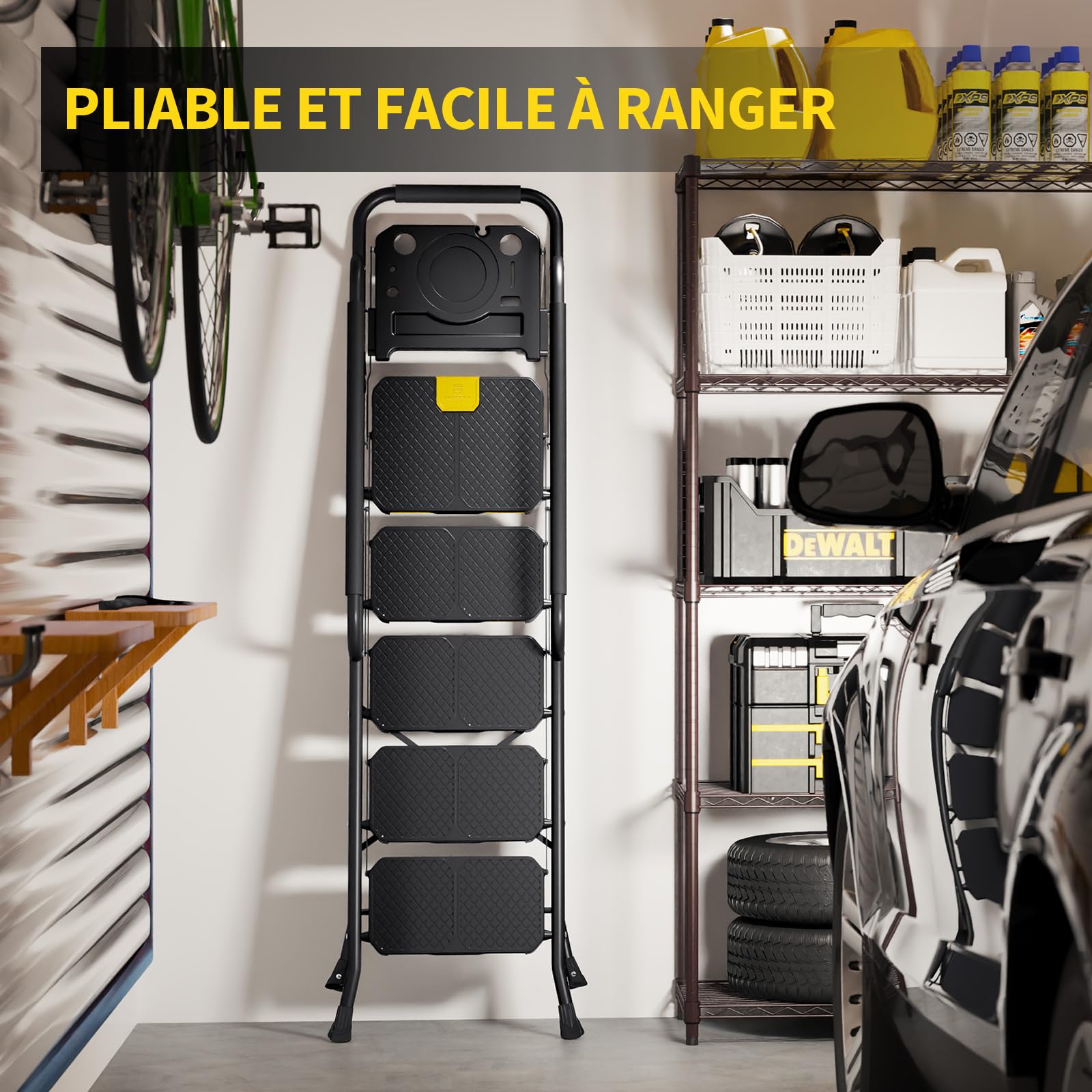KINGRACK Escabeau 5 Marches avec Plateau à Outils et Large Pédale Antidérapante, Marche Pied Pliable avec Mains Courantes, Échelle Domestique pour Maison Cuisine Garde-Manger Placards et Bureau, Noir