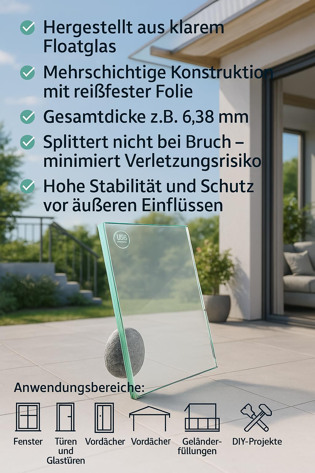 Maßanfertigung von VSG Verbundsicherheitsglas für Größen von 40x40cm bis 100x200cm - klares und mattes VSG aus Floatglas für Fenster, Türen, Vordächer, Terrassenüberdachungen, Carports (Klar, 8,76mm)