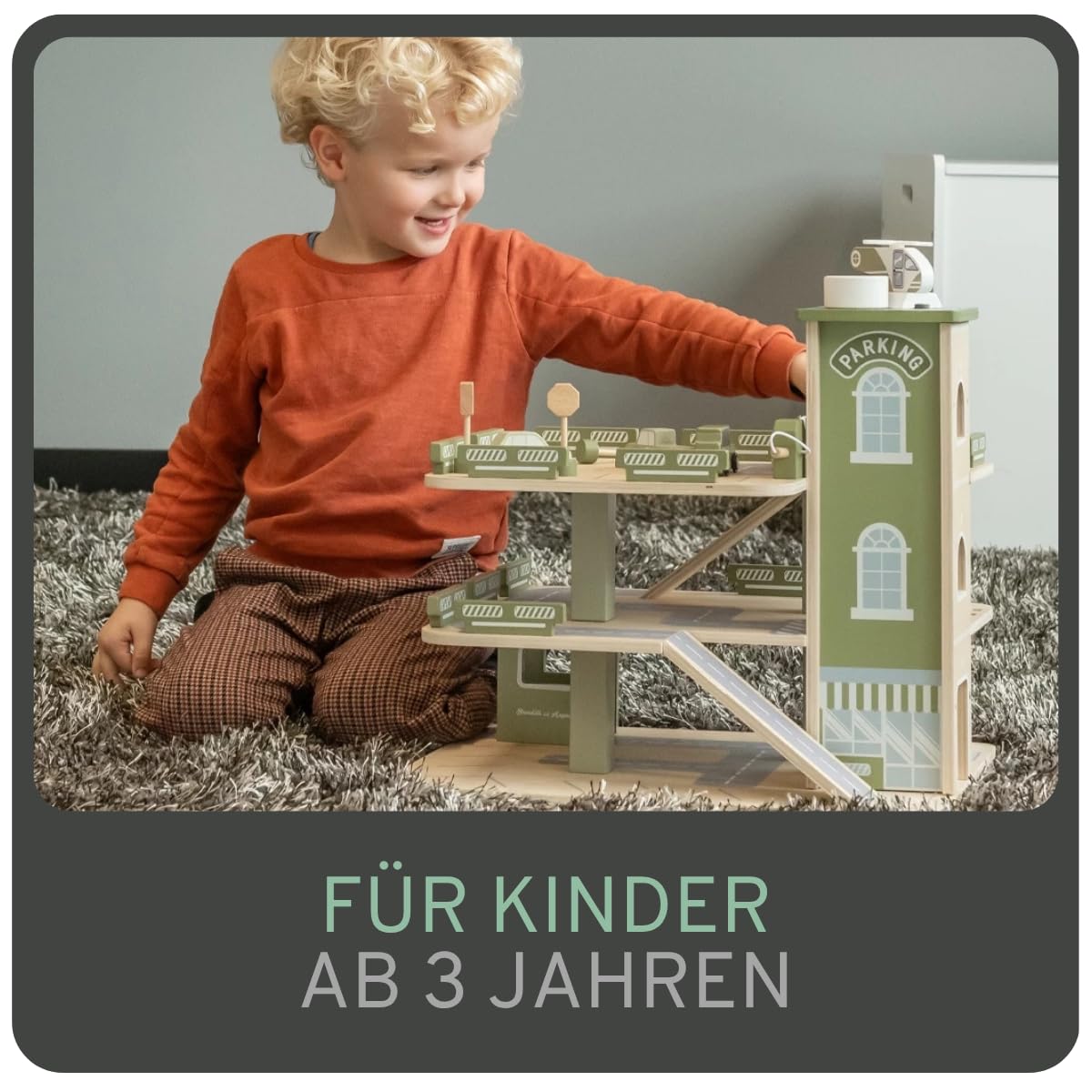 Bandits & Angels Holzspielzeuggarage Bandits Parkerlebnis mit 3 Etagen und Aufzug – inklusive 4 Autos – Spielzeugautogarage aus Holz – Retro-Grün
