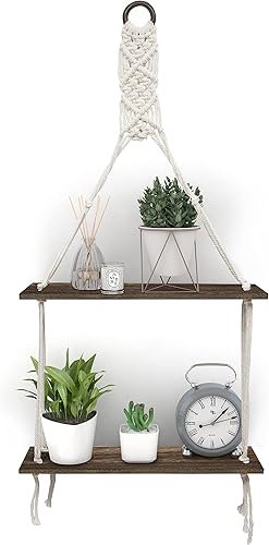 Sonefreiy Estantes colgantes rústicos de 2 niveles de cuerda blanca, estante flotante de madera marrón, estantes de plantas para baño, dormitorio,
