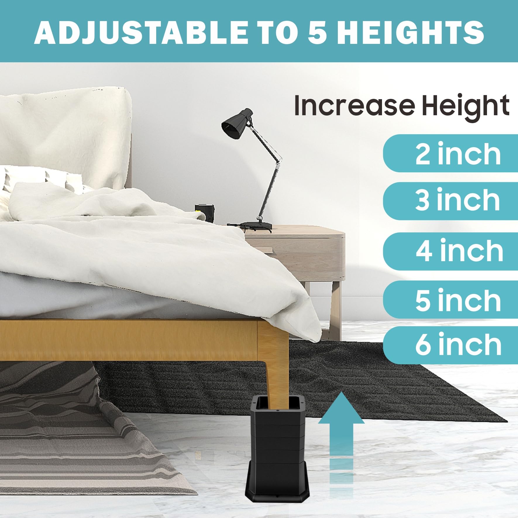 Rialzi per letto da 5, 7, 10, 12 o 15 cm, impilabili, regolabili, antiscivolo, per divani, tavoli, set da 4, colore nero