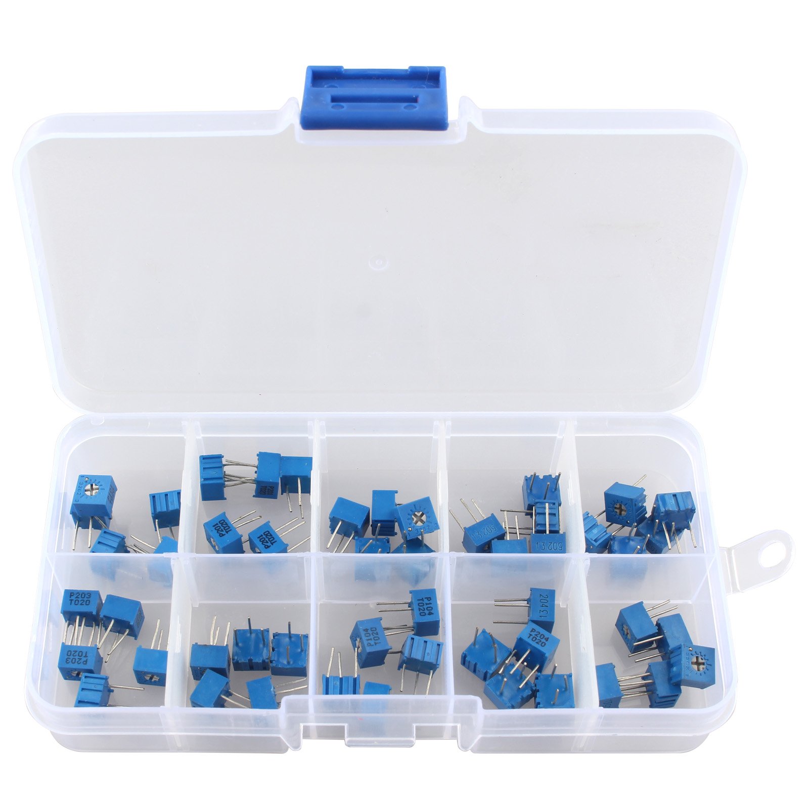 Set of 50 Assorted Potentiometers with Plastic Box, 10 Resistance Values, 100 Ohm to 1 M Ohm, 3362