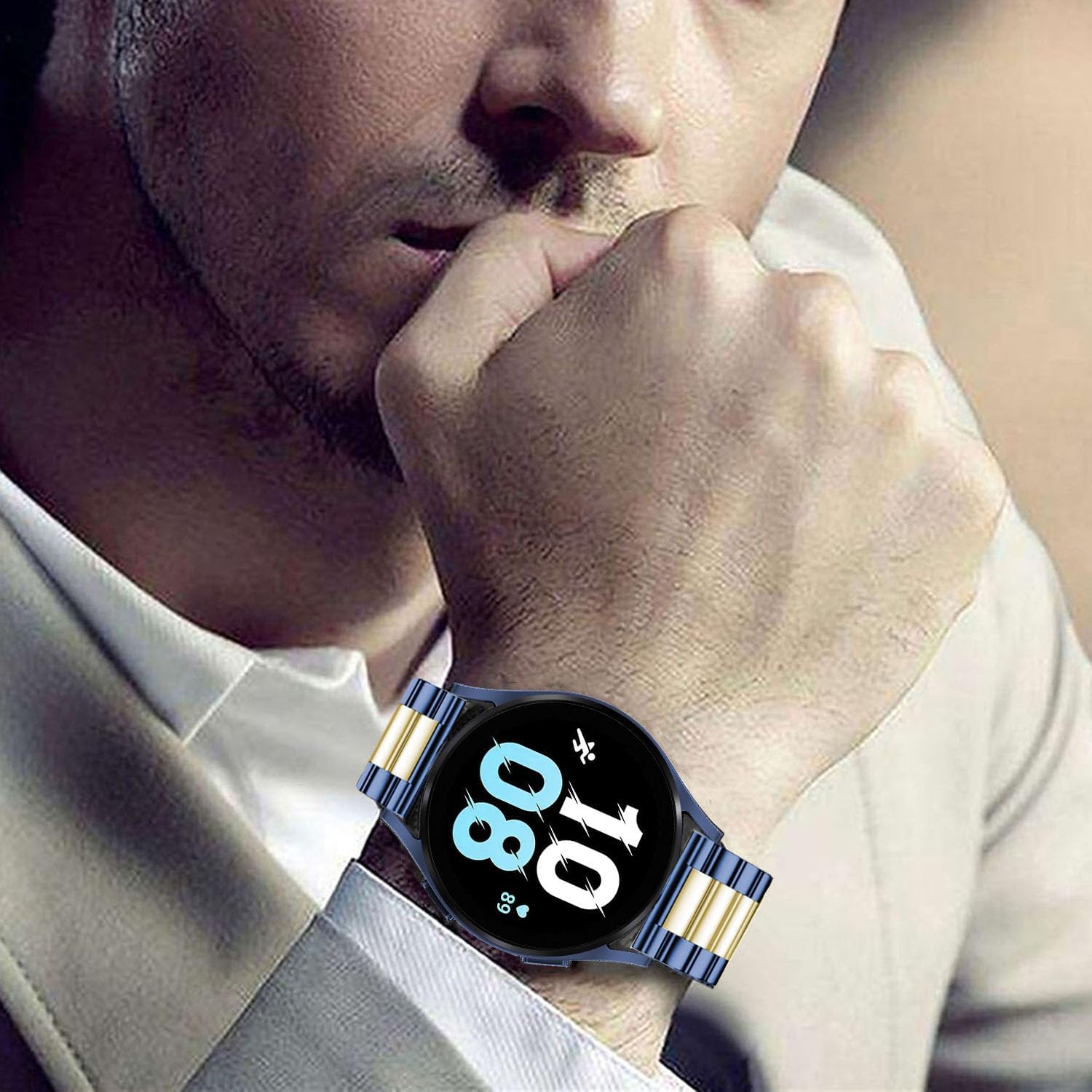 DEALELE Bands Compatible with Samsung Galaxy Watch 7 / FE / 6/6 Classic / 5/5 Pro / 4/4 Classic/Galaxy 3 41mm, 20mm Stainless Steel Metal Replacement Strap for Women Men (Blue/gold)
