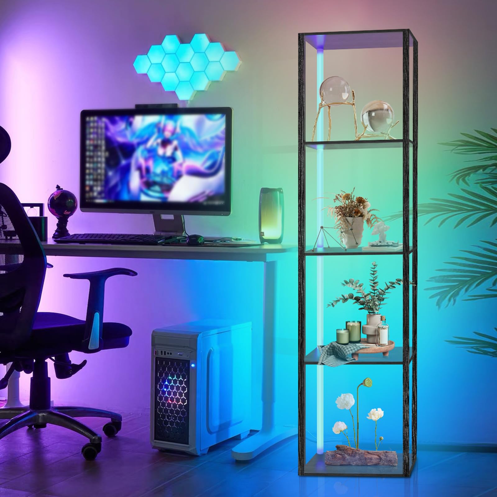 XIIW Libreria con illuminazione a LED, 5 livelli lampada da terra con ripiano, lampada da terra soggiorno in legno con app e telecomando, mensola angolare per soggiorno, camera da letto, studio