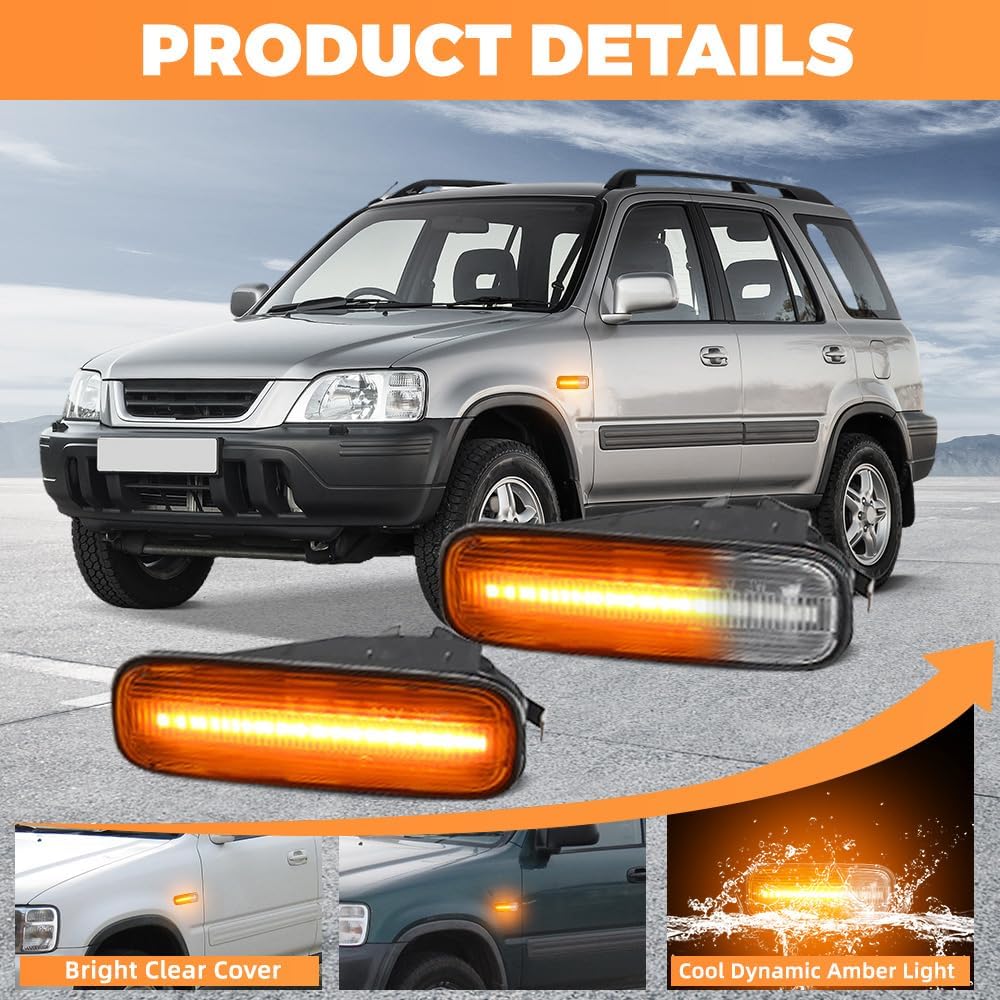 Front Side Fender Turn Signal Repeater Lamps, Amber LED Side Marker Lights, 1995-1999 Compatible with Honda Ballade, Hatchback Sedan Civic 2/3/4DR CR-V - Clear Lens Dynamic Light