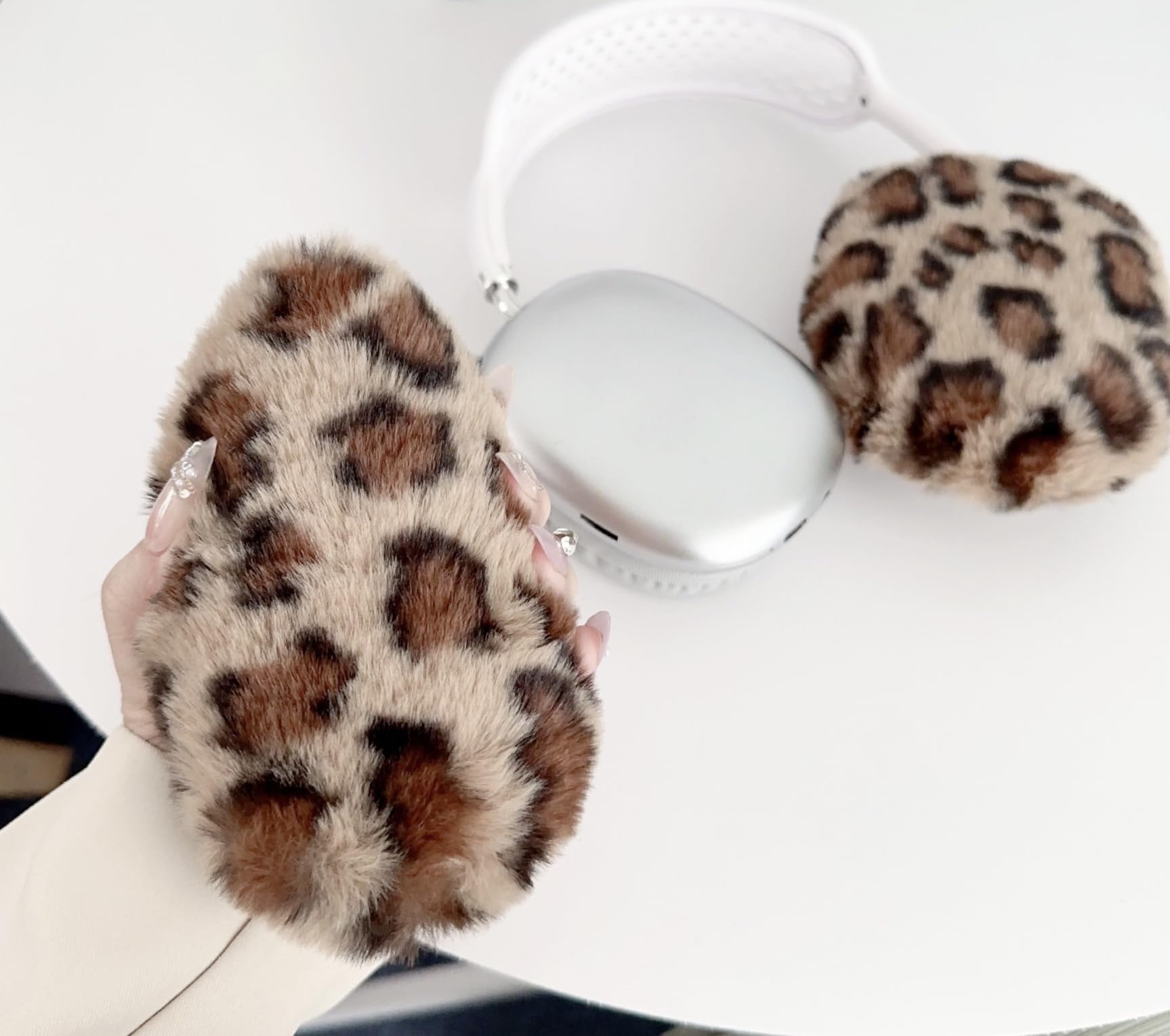 MVKZFE Fluffy Plush Case for AirPods Max Headphones, Cute Furry Fur Ear Cups Skin Soft Slicone Protective Cover for AirPods Max(Brown Leopard)