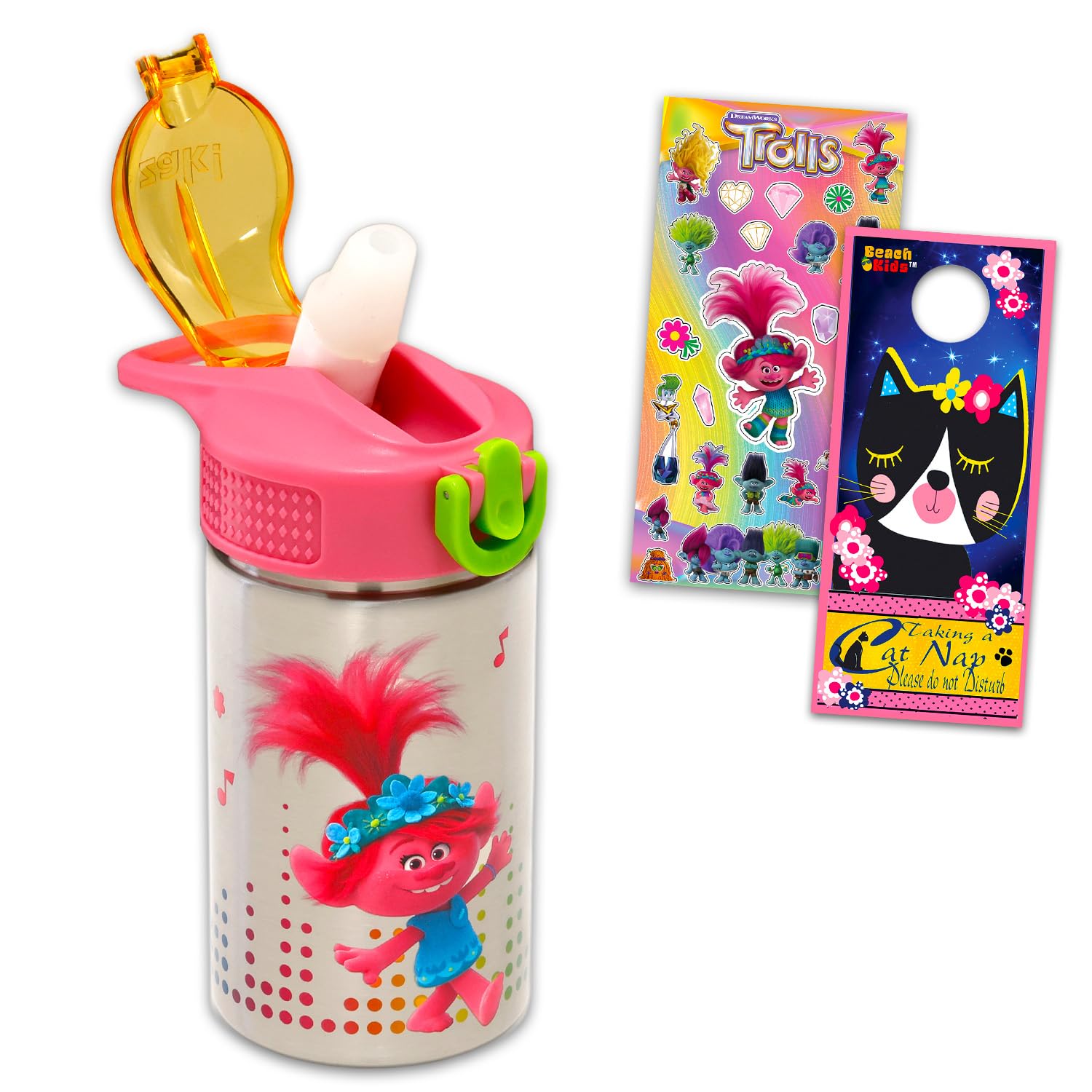 Trolls Water Bottle for Girls - School Supplies Bundle With Poppy Bottles, Stickers, More | Stainless Steel Water Bottle for Kids