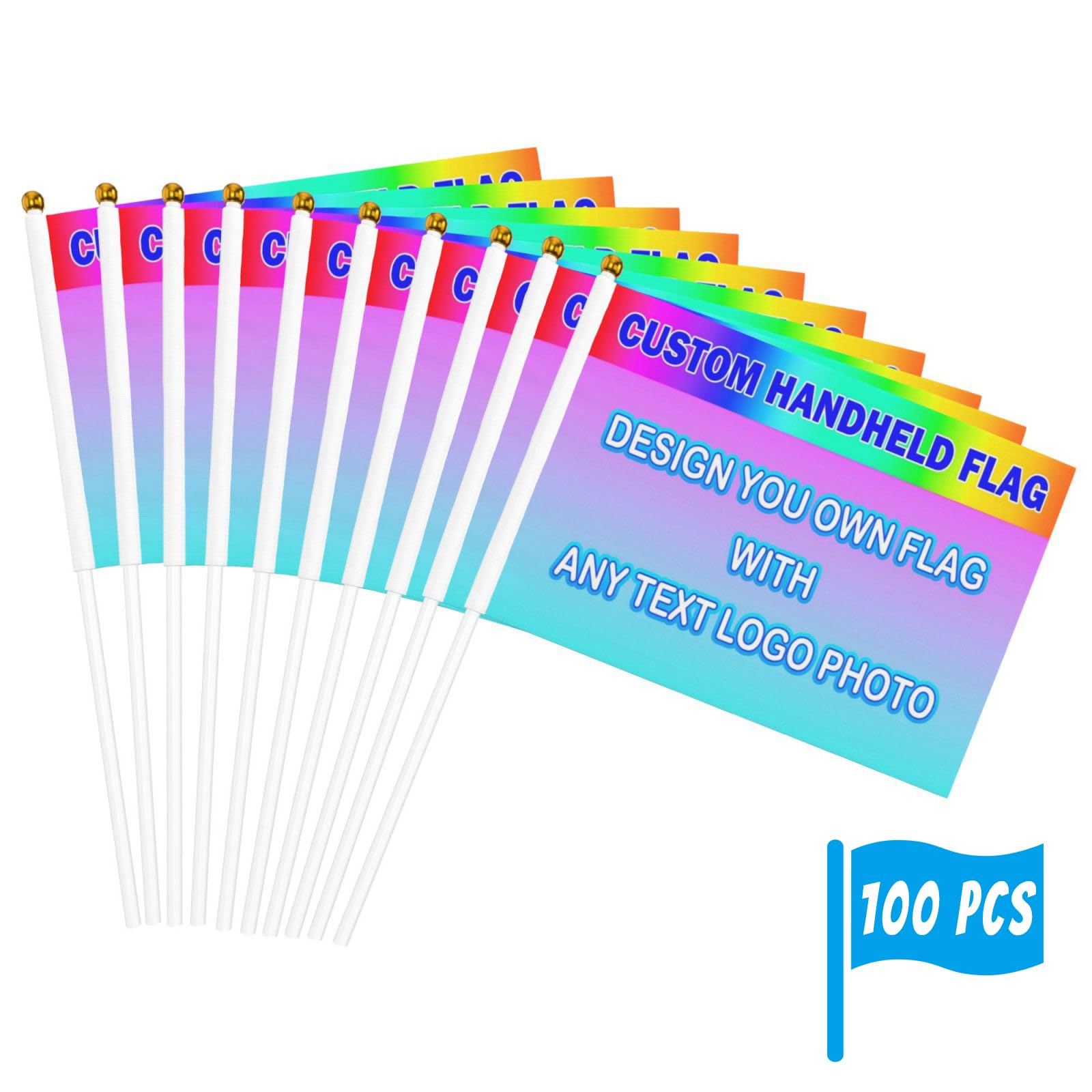 Custom Handheld Mini Flags with Pole | Personalized Your Flag with Photo/Text/Logo | Double-Sided 5x8 Inch Stick Flags for Sport,Events, Parties,Promotions (100)