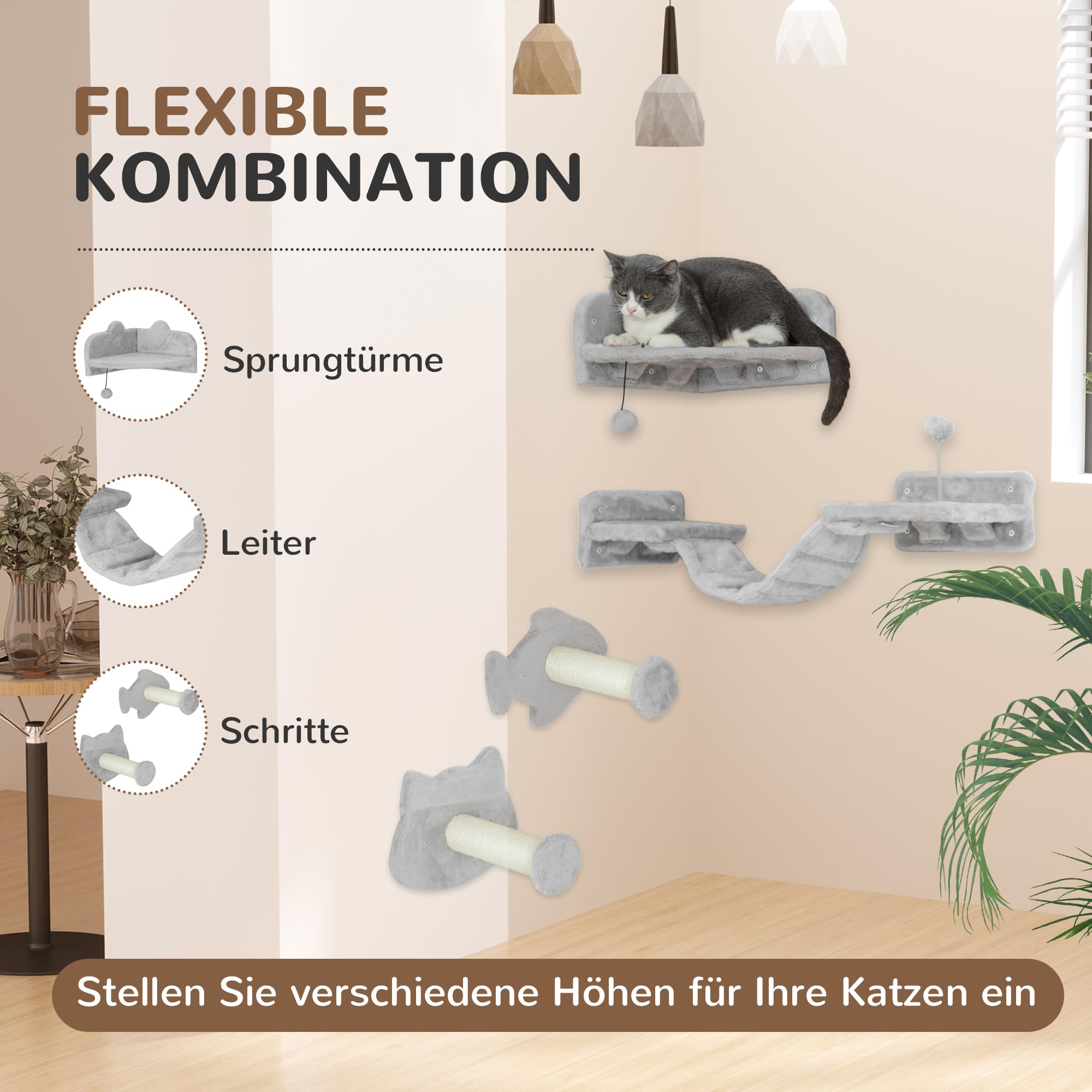PawHut Kletterwand Katzen 4-teilig mit Kratzbäumen Set bis 5 kg Hellgrau