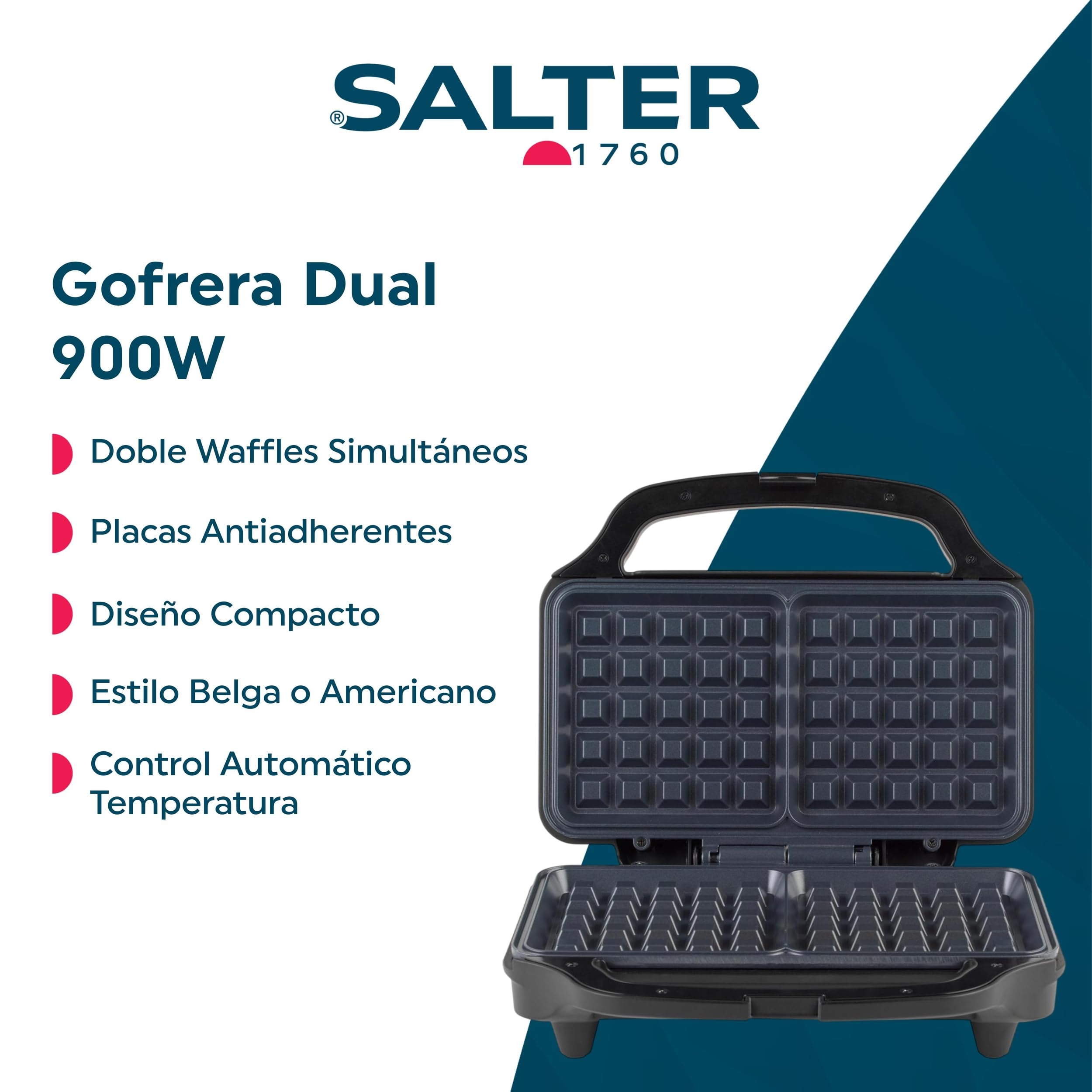 Salter Gofrera Doble – Gofres Belgas y Americanos, Placas Profundas Antiadherentes, Placas Dobles, Control Automático de Temperatura, Mango Frío al Tacto, Diseño Compacto Vertical, 900 W