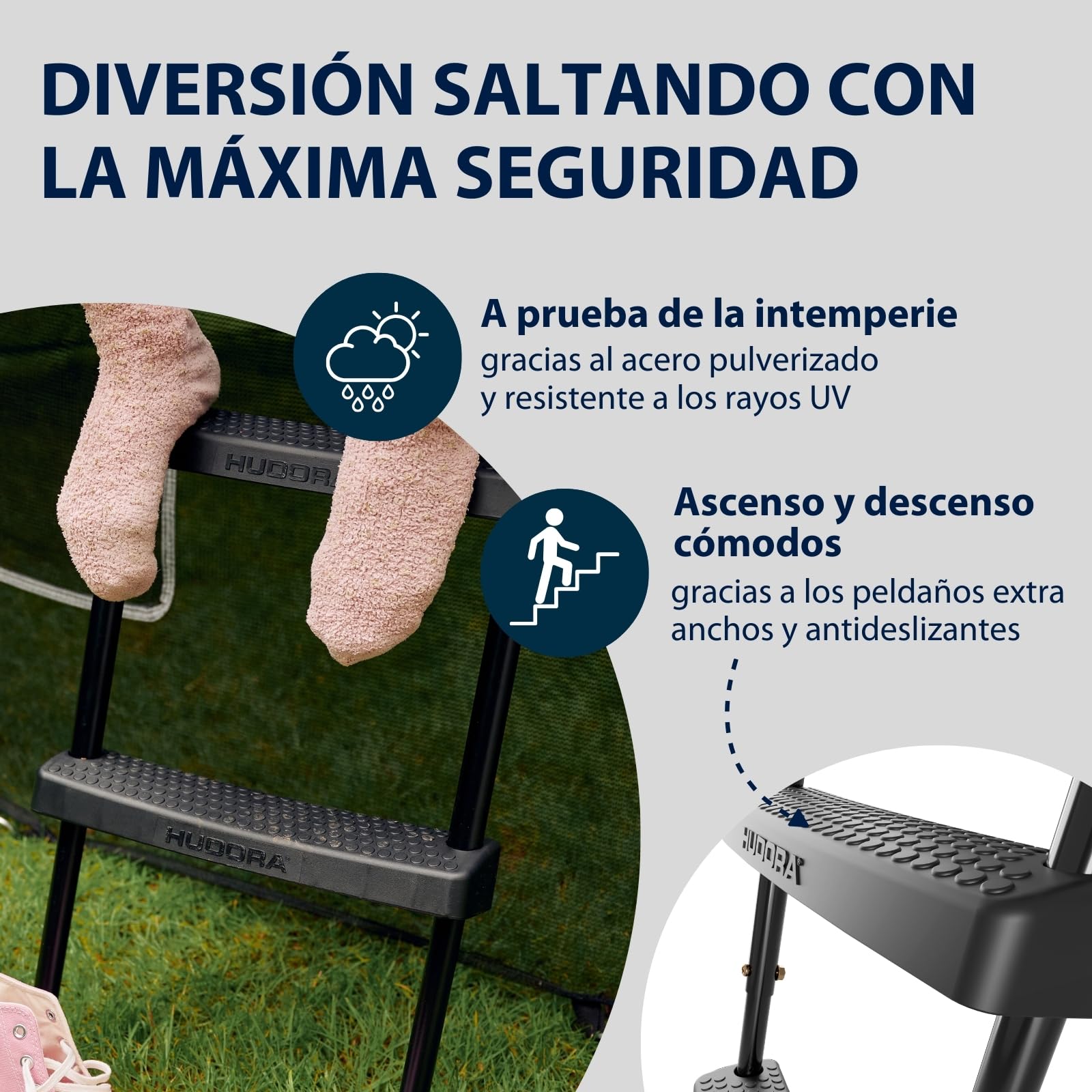 HUDORA Escalera Universal Antideslizante para Trampolines - Altura Ajustable con Peldaños Anchos, Resistente UV