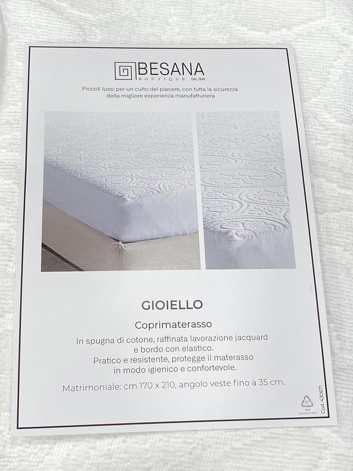 Coprimaterasso Besana in Spugna di Cotone, Lavorazione Jacquard, Bordo Elastico, per Letto Matrimoniale art. Gioiello