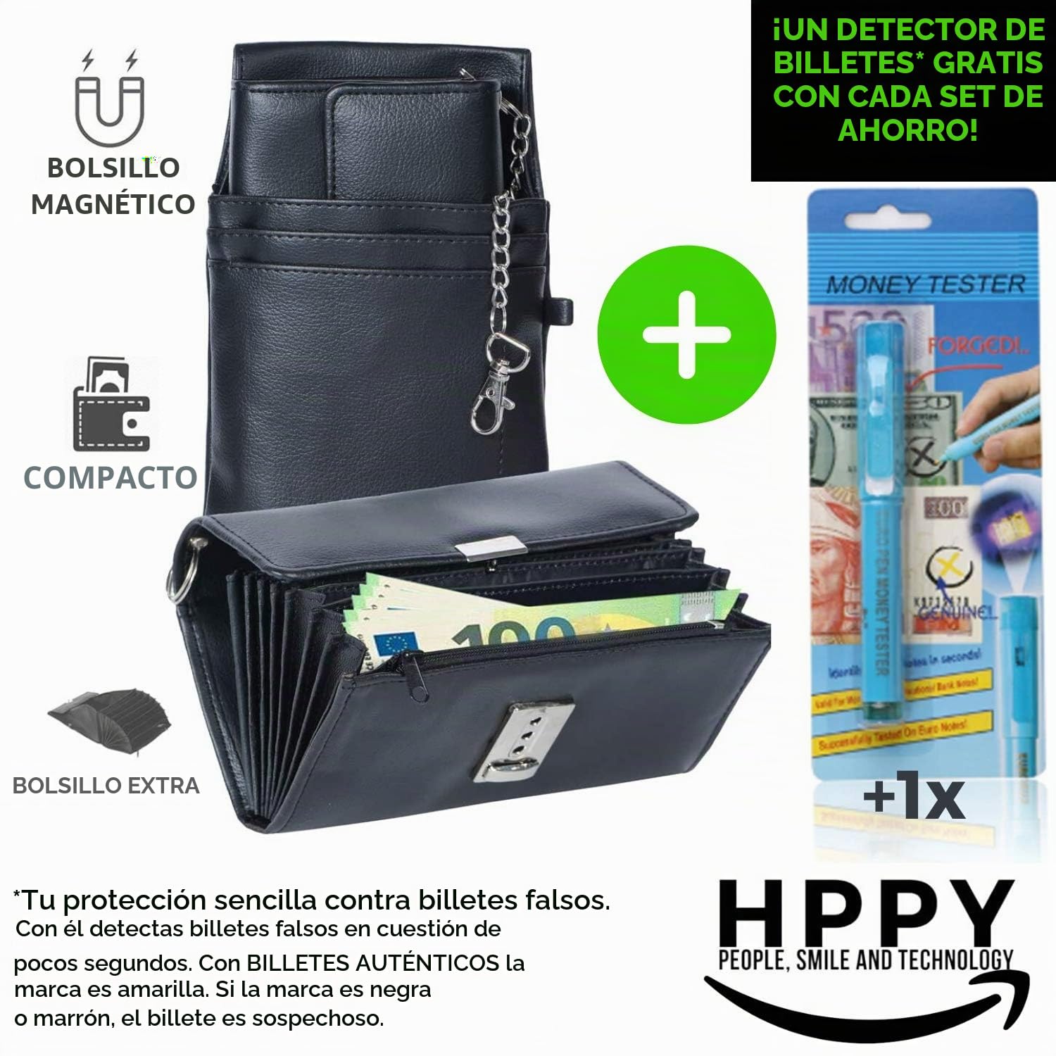 HPPY Aktion Sparset 3X Kellnerportemonnaie - Robusta cartera de camarero con funda, cadena y probador de dinero, bolsa de camarero para gastronomía y taxi, color negro