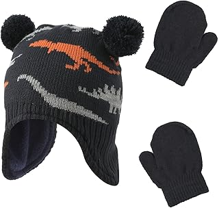 LUTER Baby,Clothing,Baby Boys 0-24m,Accessories,Hats & Caps LUTER Set of 3pcs Girl Boy Hats and Mittens, Cute Polar Fleece Baby Kids Winter Hat and Mitten Set Toddler Boy Dinosaur Beanies and Gloves (Black)