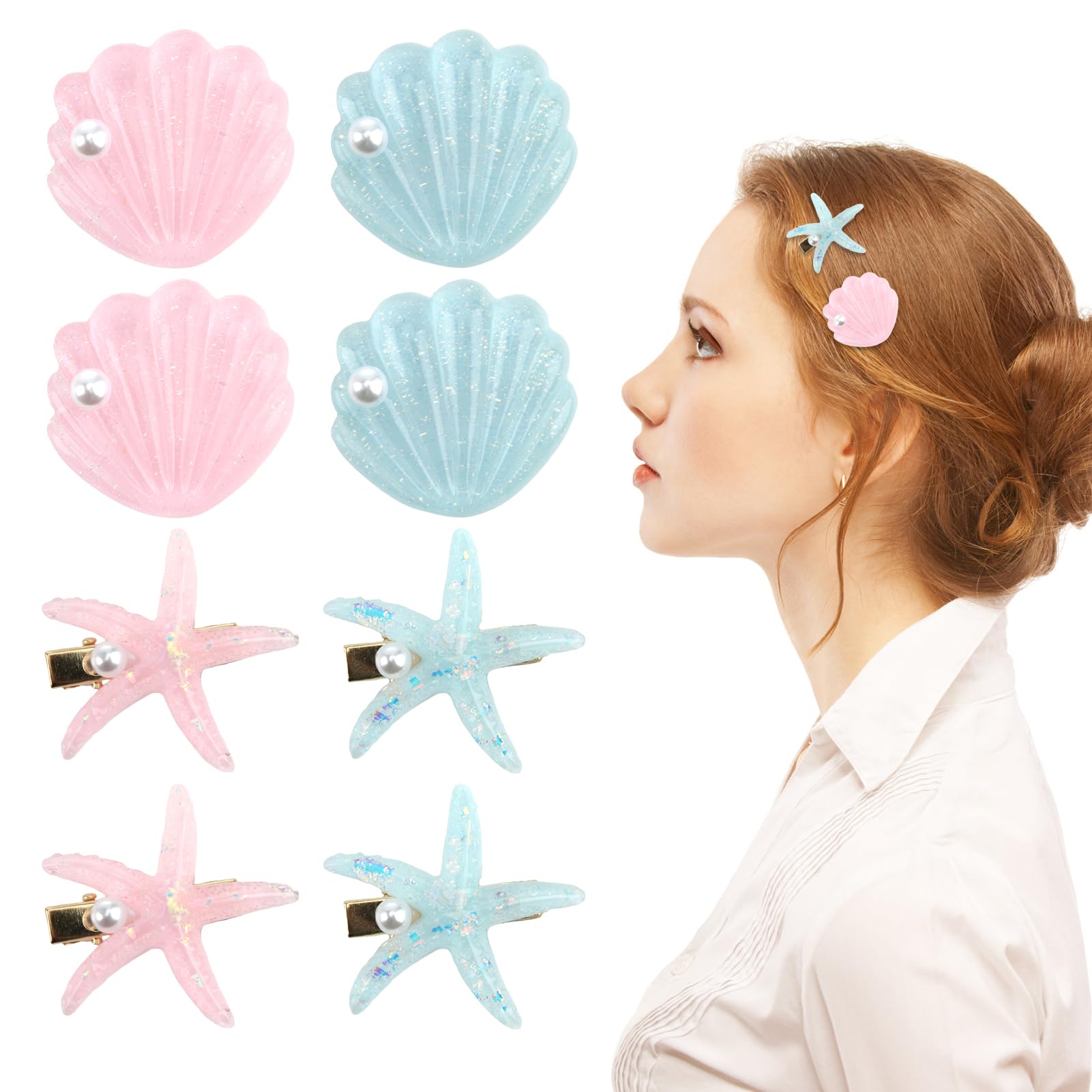 8 PCS Pinzas para el Pelo Estrella de Mar Niñas, Pinzas Pelo Concha Mujeres, Azul, Rosa, Pasadores de Princesa, con Purpurina, Lentejuelas, Accesorios de Playa con Purpurina y Lentejuelas