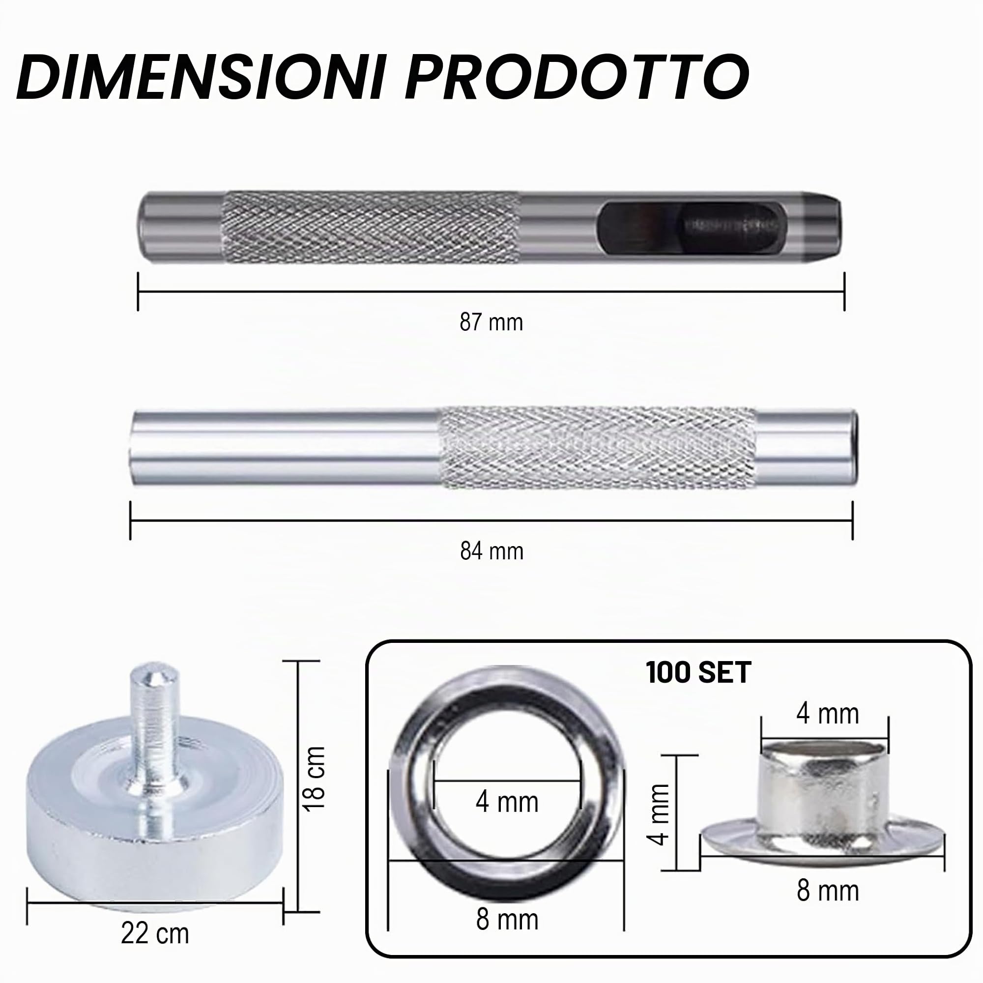 100 Set Pinze Occhielli 4mm, Metallo + Strumento Stampaggio, Compatibile Tela Cerata, Copriscarpe, Tende, Rivetti, Ideale Fai-da-Te, Artigianato