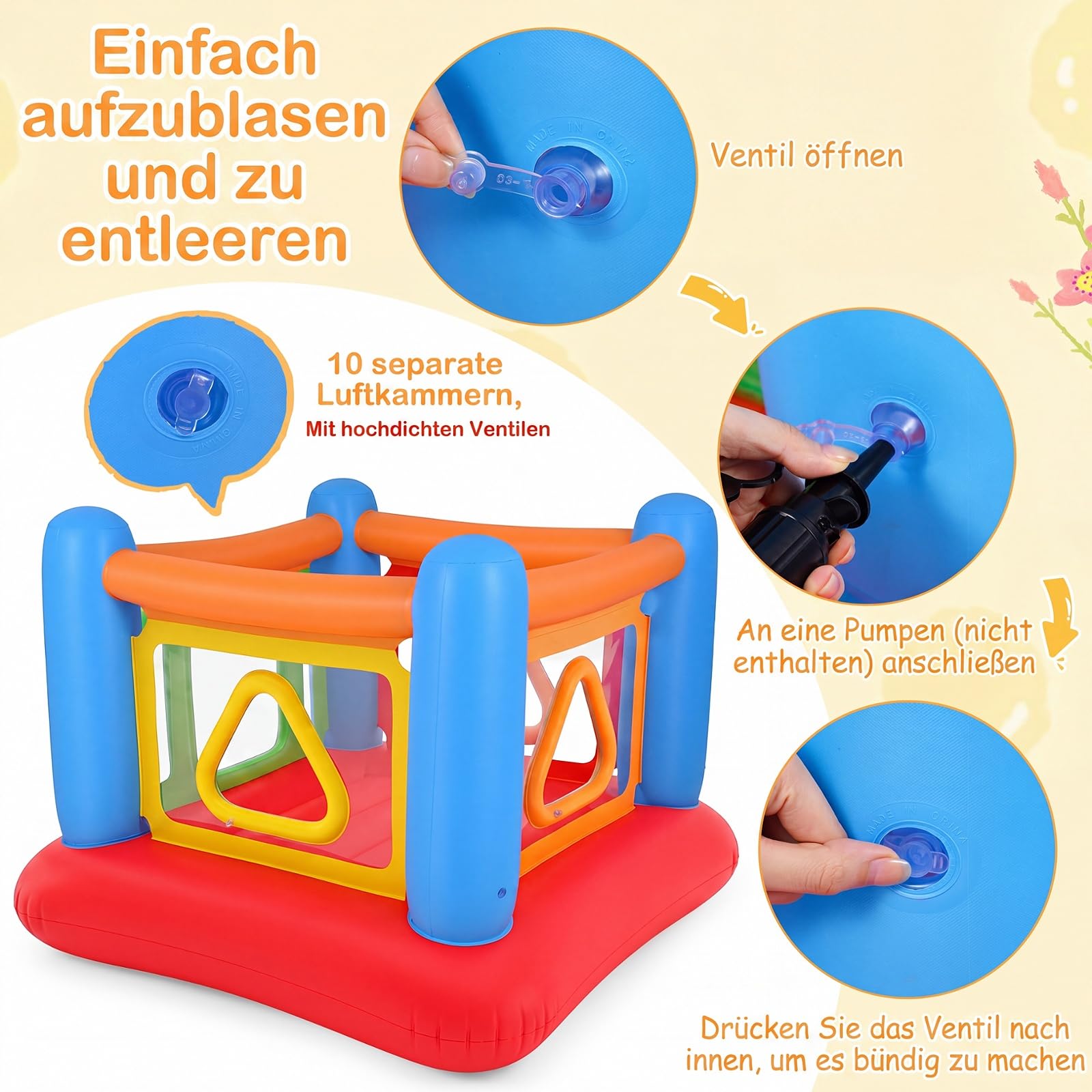 COSTWAY Hüpfburg, Bouncy Castle mit 4 Türen für Kinder, 160 x 160 x 125 cm (Rot + Blau)