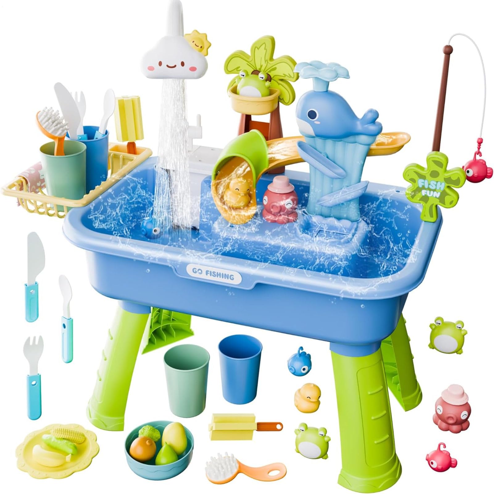 Water Tables For Kids, Electric Play Sink With Running Water - 4-in-1 Activity Table With Fishing Pond And Toy Kitchen Accessories, Detachable Legs, For children Ages 1-3 3-5, Outdoor Garden
