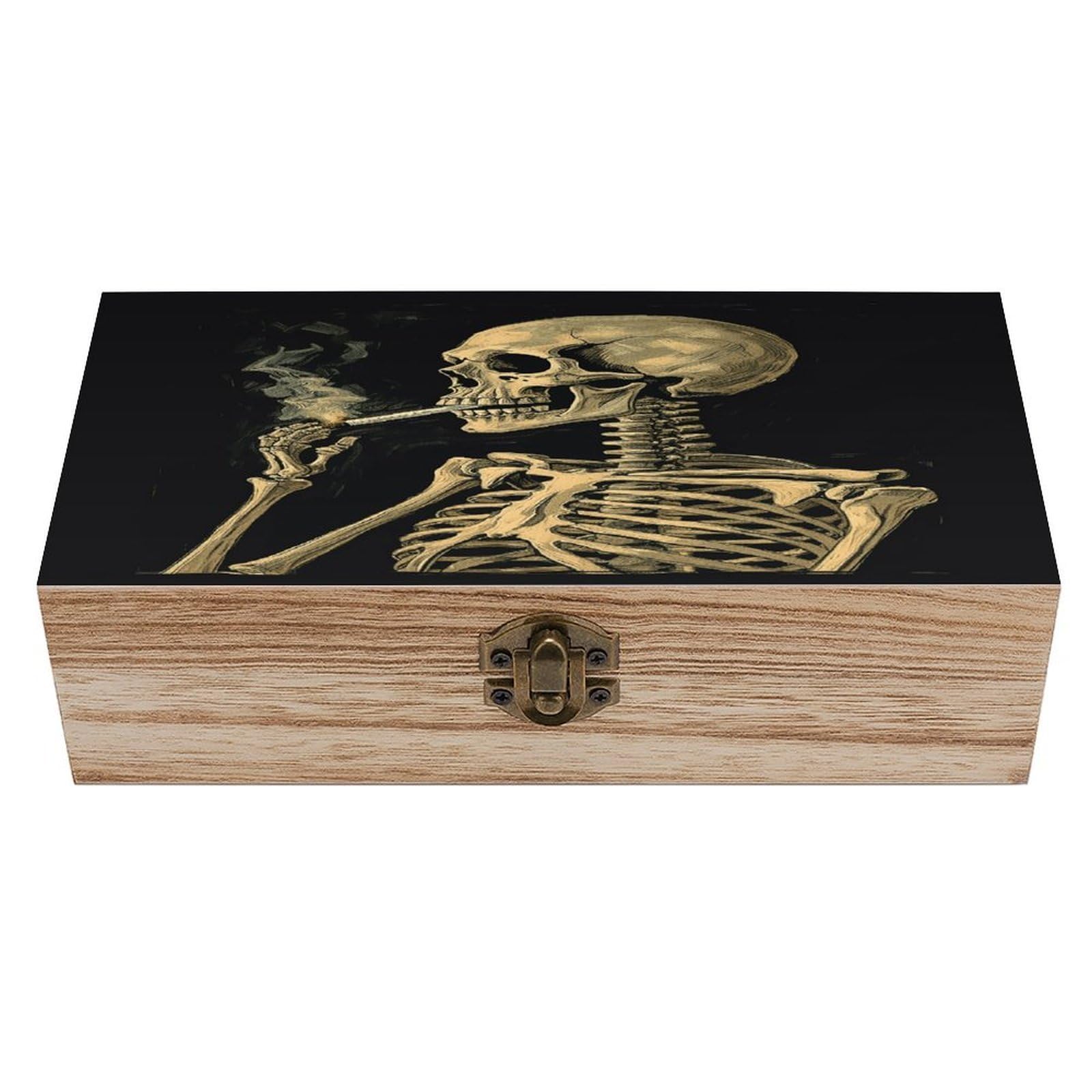 VstaDank A Skeleton with Burning Cigarette Wooden Storage Box Decorative Jewelry Case with Lids Exquisite Wood Box Letters Gifts Acacia Wood Boxes Fashion Wooden Keepsake Boxes for Men Women