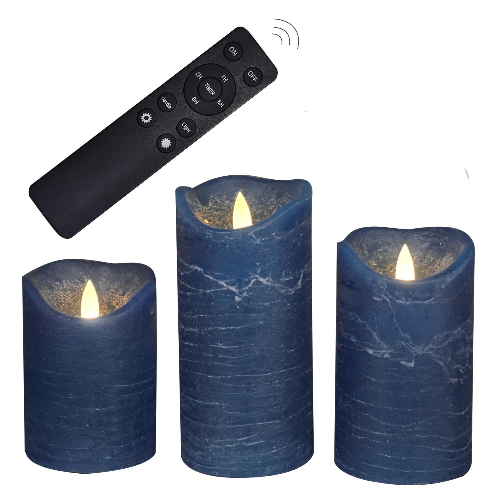 Navy Blue Real Wax Battery Operated Flameless Candles Remote Timer 3 Pack