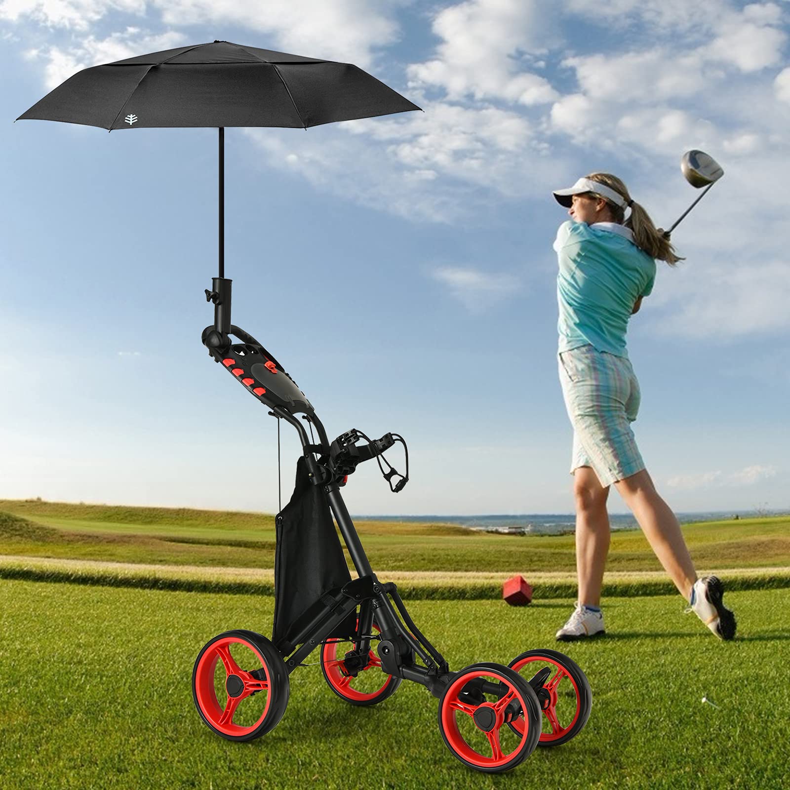 GYMAX Carrito de Golf Plegable de 4 Ruedas, Posiciones de Altura Ajustables, Ligero, con Soporte para Paraguas Ajustable, Bolsa Impermeable, Refrigerador Incorporado, Freno de Pie
