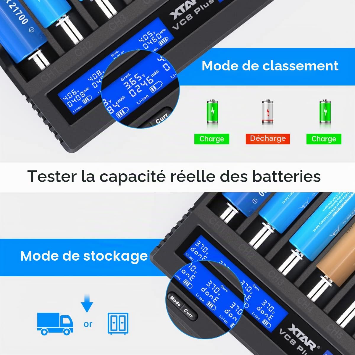 XTAR VC8 Plus 21700 Chargeur de batterie 1,2 V AAA AA 3,6 V Liion Chargeur de batterie Testez la capacité de la batterie (VC8 Plus Set)