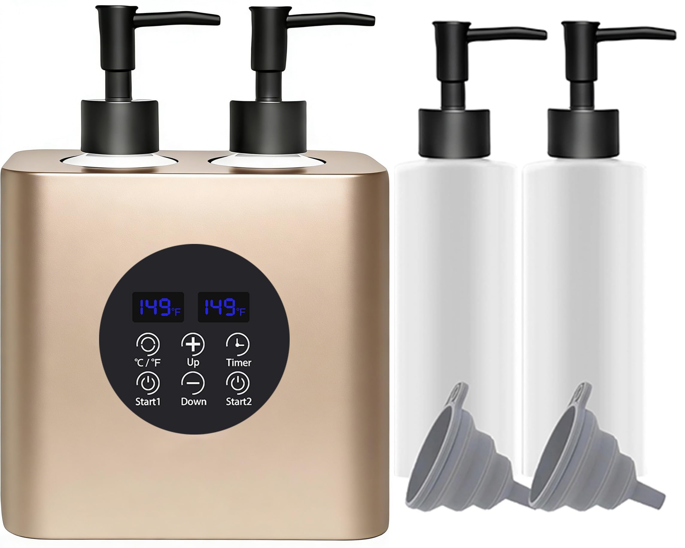 Professioneller Doppelflaschen Massageöl Wärmer mit 4 Flaschen, Einstellbare Temperatur 30–65°C & Timer 0,5–24H für Spa (Champagnergold)