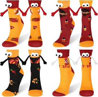 CASLON 4 Pairs Novelty Thanksgiving Fall Holding Hands Socks, Funny 3D Autumn Gift for Women Men Couples Friends, Magnetic Holiday Gifts