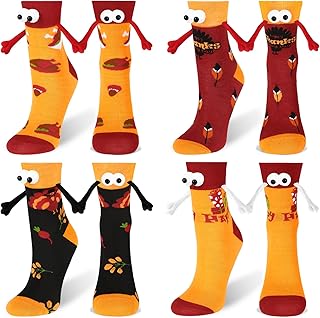 4 Pairs Novelty Thanksgiving Fall Holding Hands Socks, Funny 3D Autumn Gift for Women Men Couples Friends, Magnetic Holiday Gifts