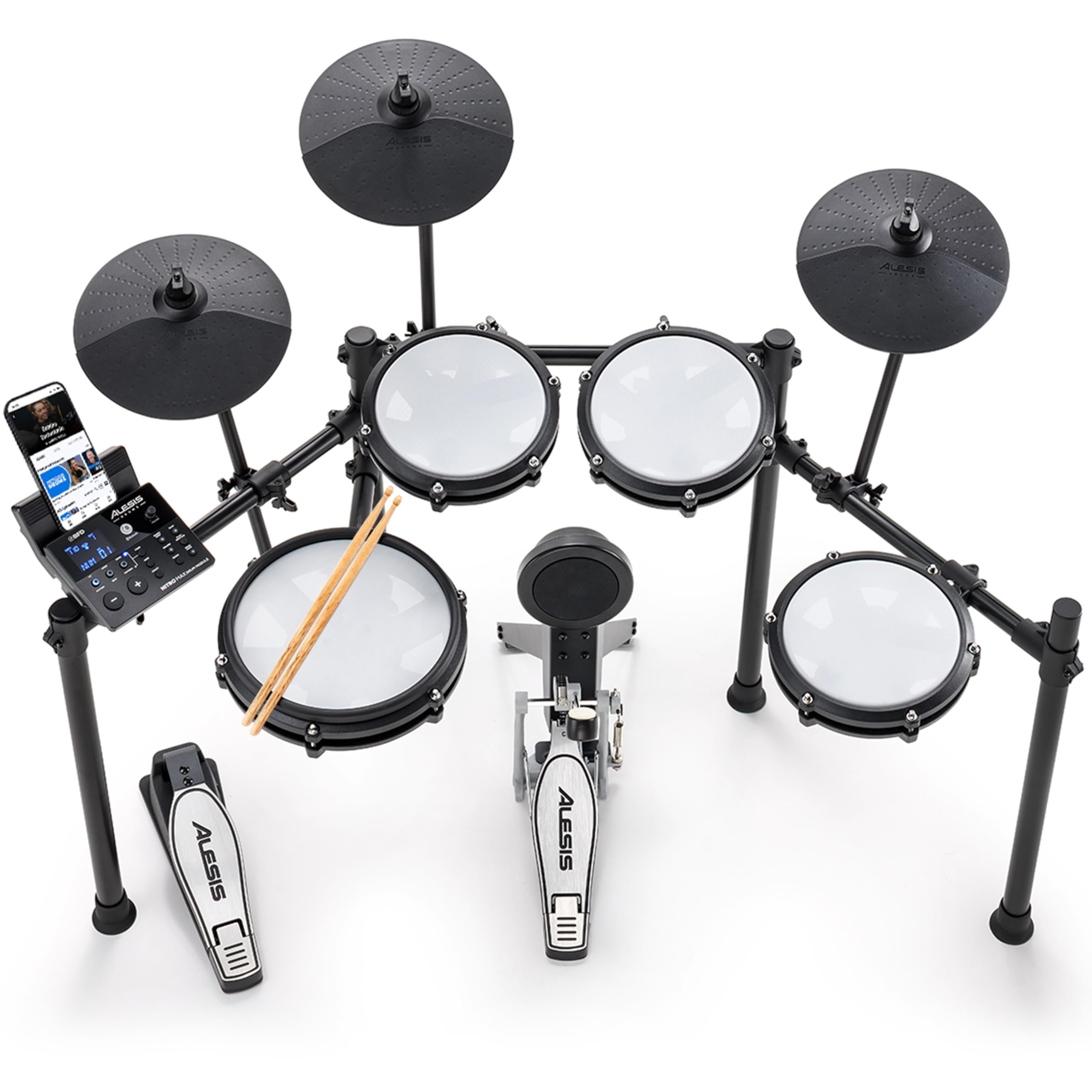 Alesis Nitro Max Batteria Elettronica con Pelli Mesh Silenziose, Rullante a Doppia Zona da 10” & Pro Mark Tx5Aw Bacchette in Hickory Promark 5A con Punta in Legno