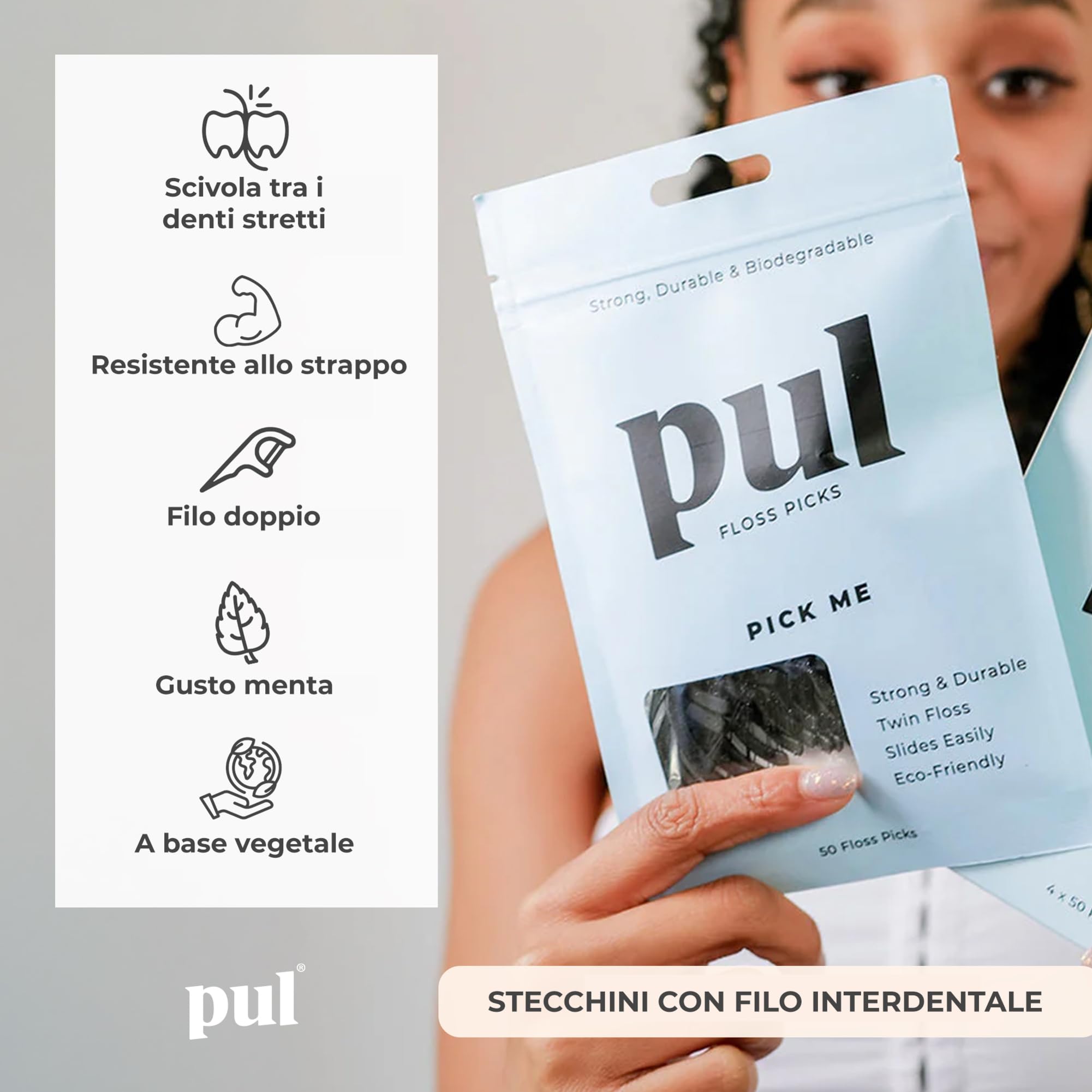 PUL Plettri per filo interdentale – Al gusto di menta | Confezione da 200 | Filo interdentale resistente e liscio con impugnatura ergonomica | Strumento portatile e igienico per l'igiene orale