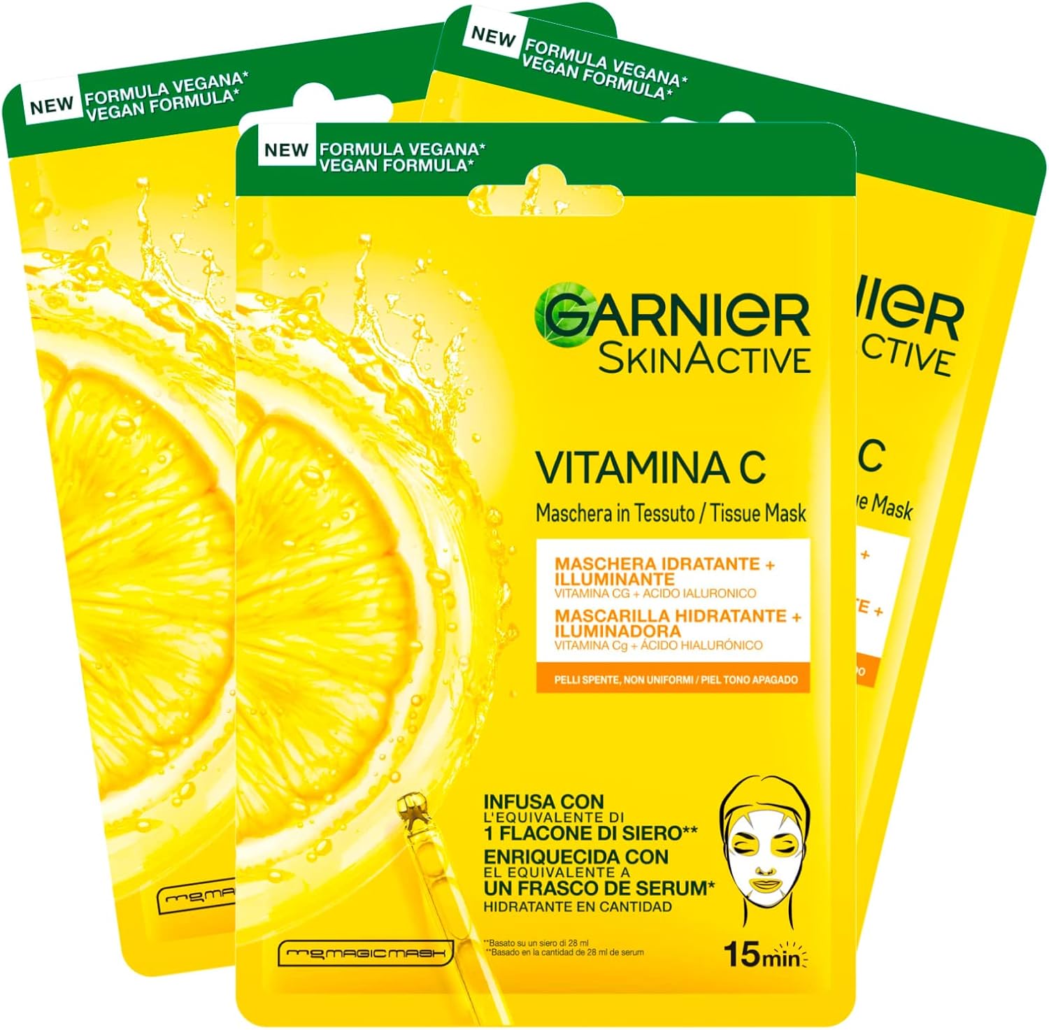 Garnier SkinActive Hydraterend en Verhelderend Stoffen Wegwerpgelaatsmasker met Vitamine C en Hyaluronzuur – 3 Wegwerpmaskers