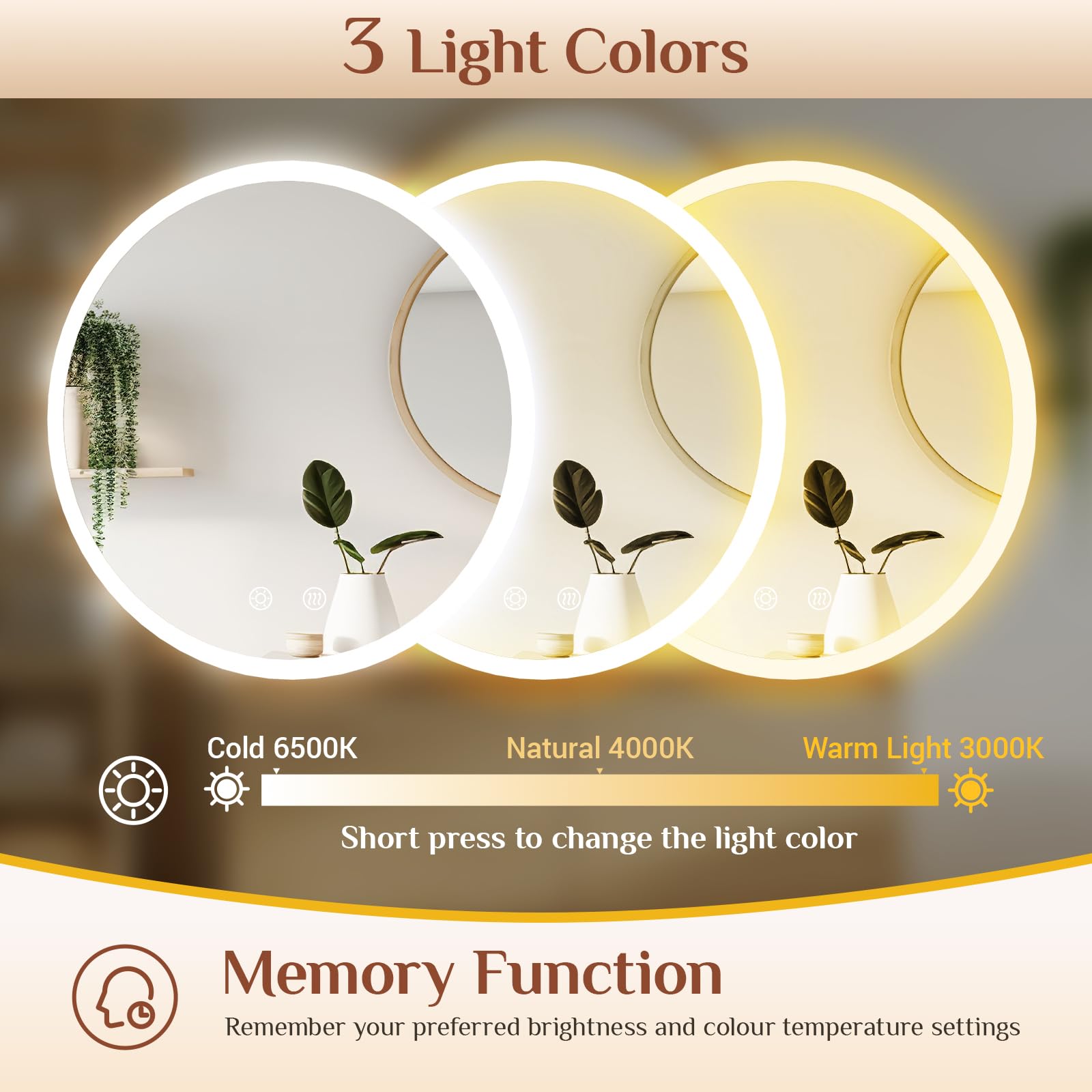 Clevich Badspiegel mit Beleuchtung rund 80 cm, LED Spiegel mit 3 Lichtfarben dimmbar, gehärtetes Glas und mattierter Rand, Touch-Schalter, Memory-Funktion, beschlagfrei, Badezimmerspiegel mit Licht