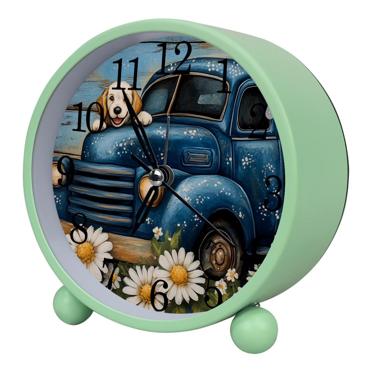 Luoweisi Alarm Clock Truck Puppy Daisies Rustic Plank, Silent Non-Ticking with Night Light