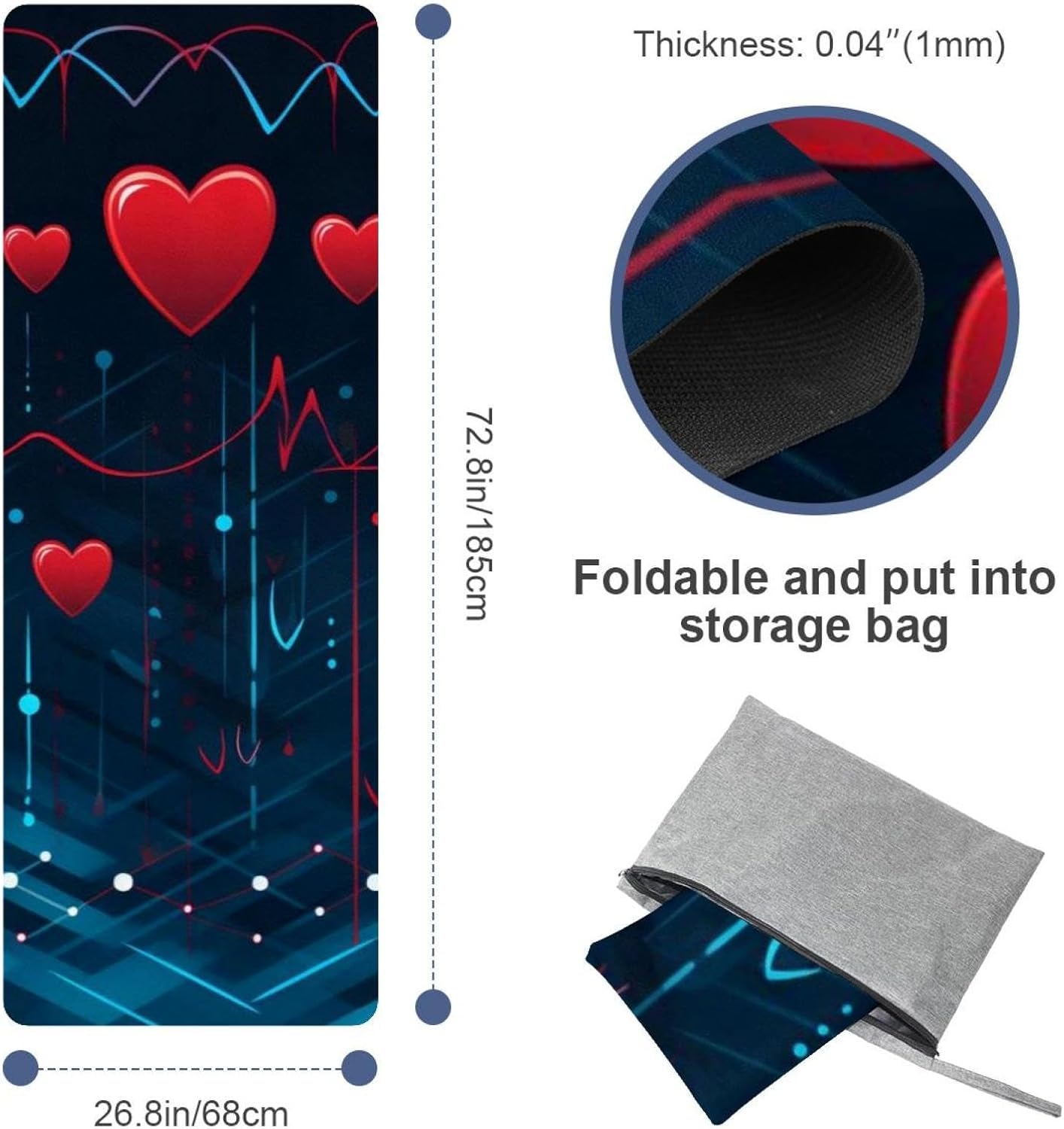 Yoga Towel, Love Heart Pattern Non Slip Sweat Absorbent Hot Yoga Mat Towel for Hot Yoga, Pilates and Fitness - 72.8" x 26.8"