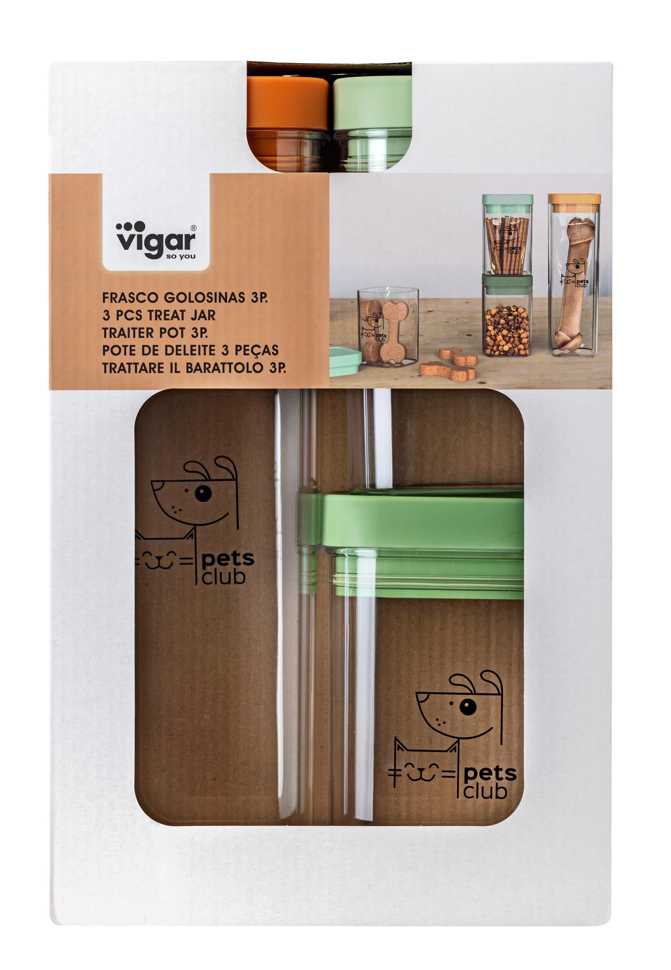 VIGAR - Conteneur pour Snacks - Pack 3 Unités - Collection Pets Club - 250 et 500 ML - Pot en Plastique sans BPA - Couvercle Hermétique - en Orange et Vert