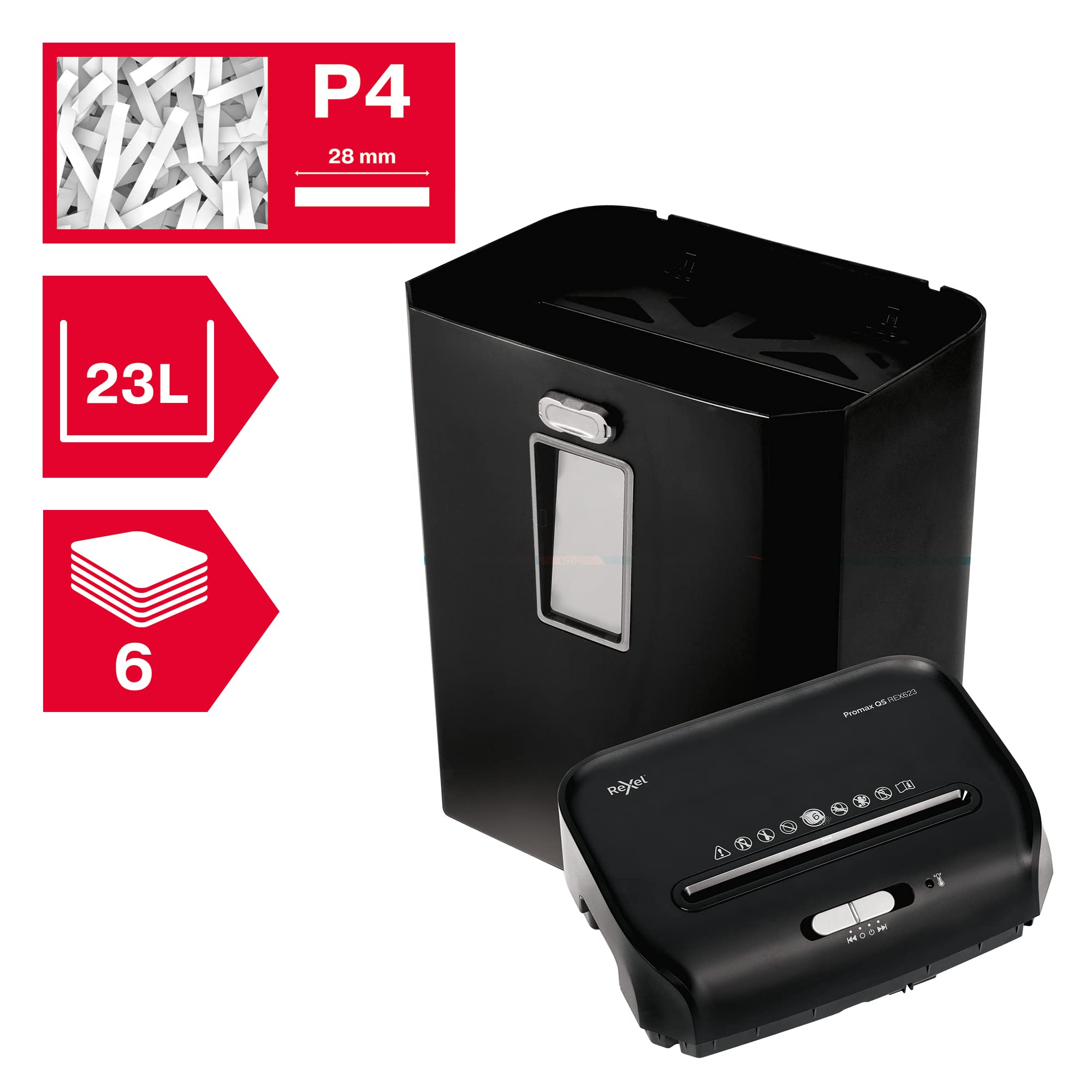 Rexel REX623 distruggidocumenti a taglio trasversale, distrugge 6 fogli, sicurezza P4, piccolo ufficio, contenitore da 23 l, ultra silenzioso, gamma ProMax QS, 2104581
